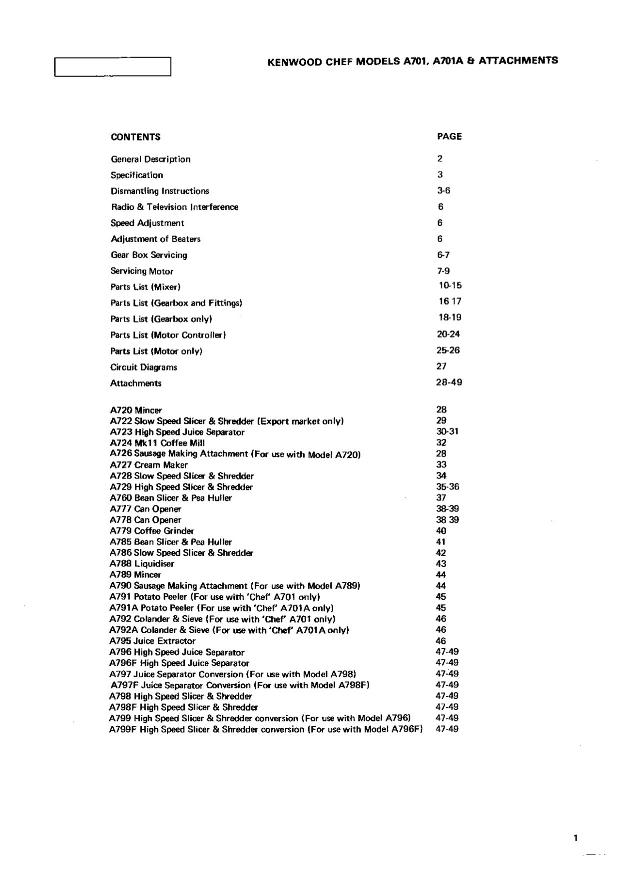 Kenwood Service Manual For Chef Models A.701 / A.701A - (Download)