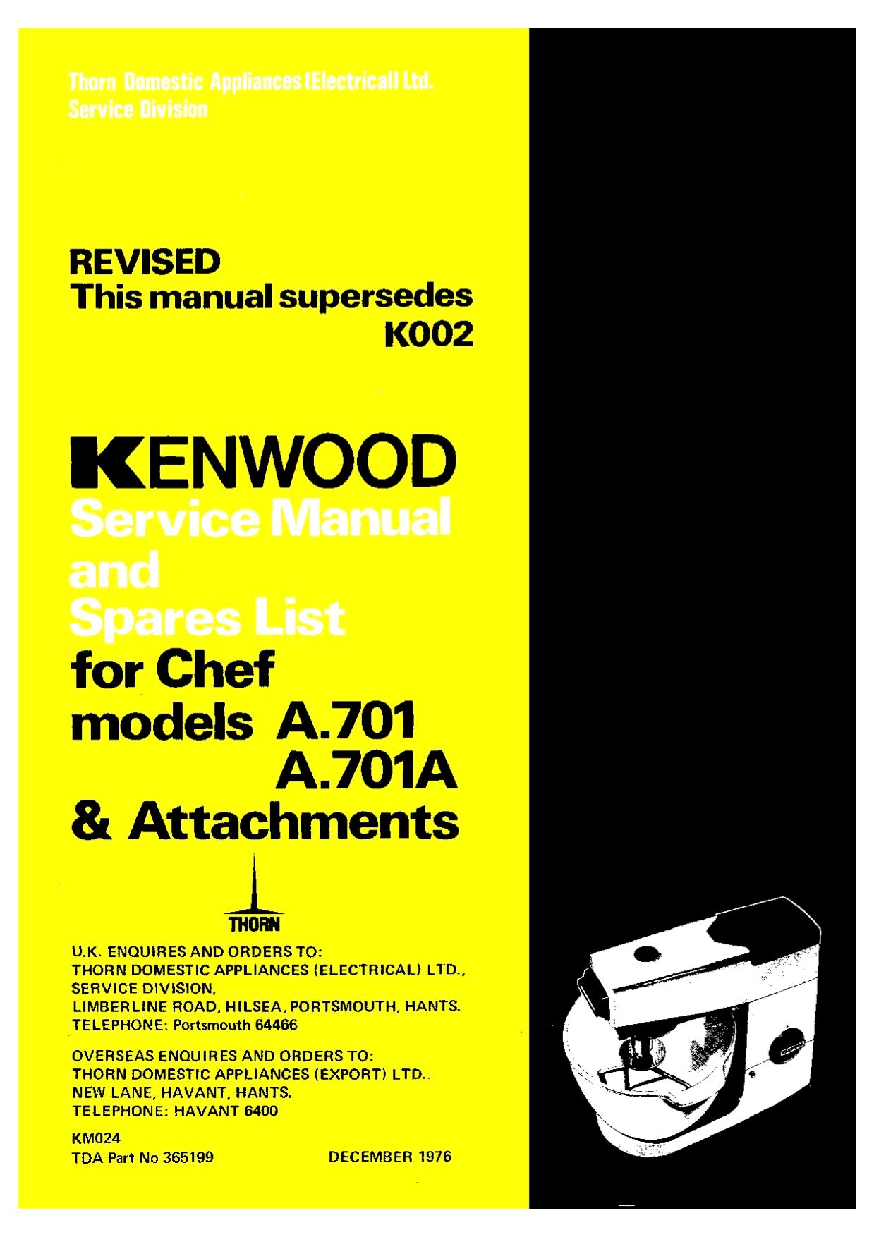 Kenwood Service Manual For Chef Models A.701 / A.701A - (Download)