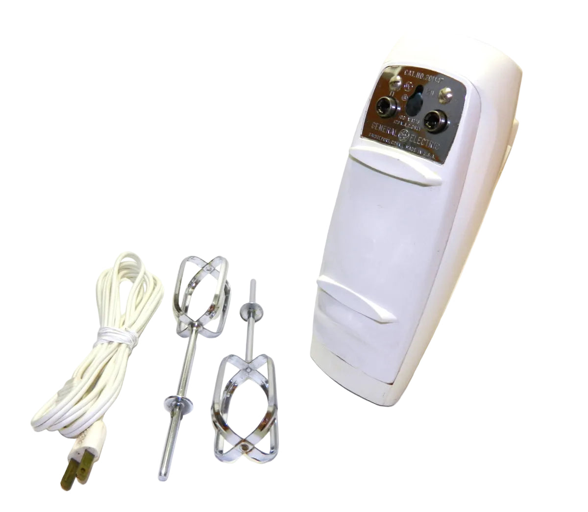 White electric mixer with attachments on a white background