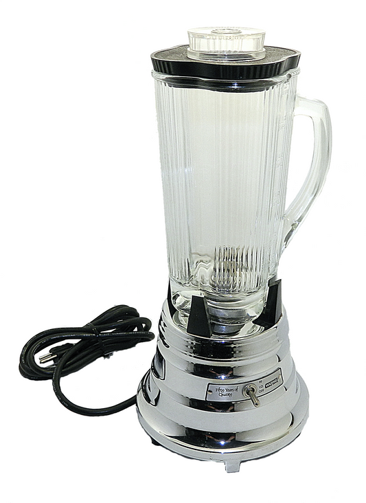 Blender with clear pitcher and metallic base on a white background