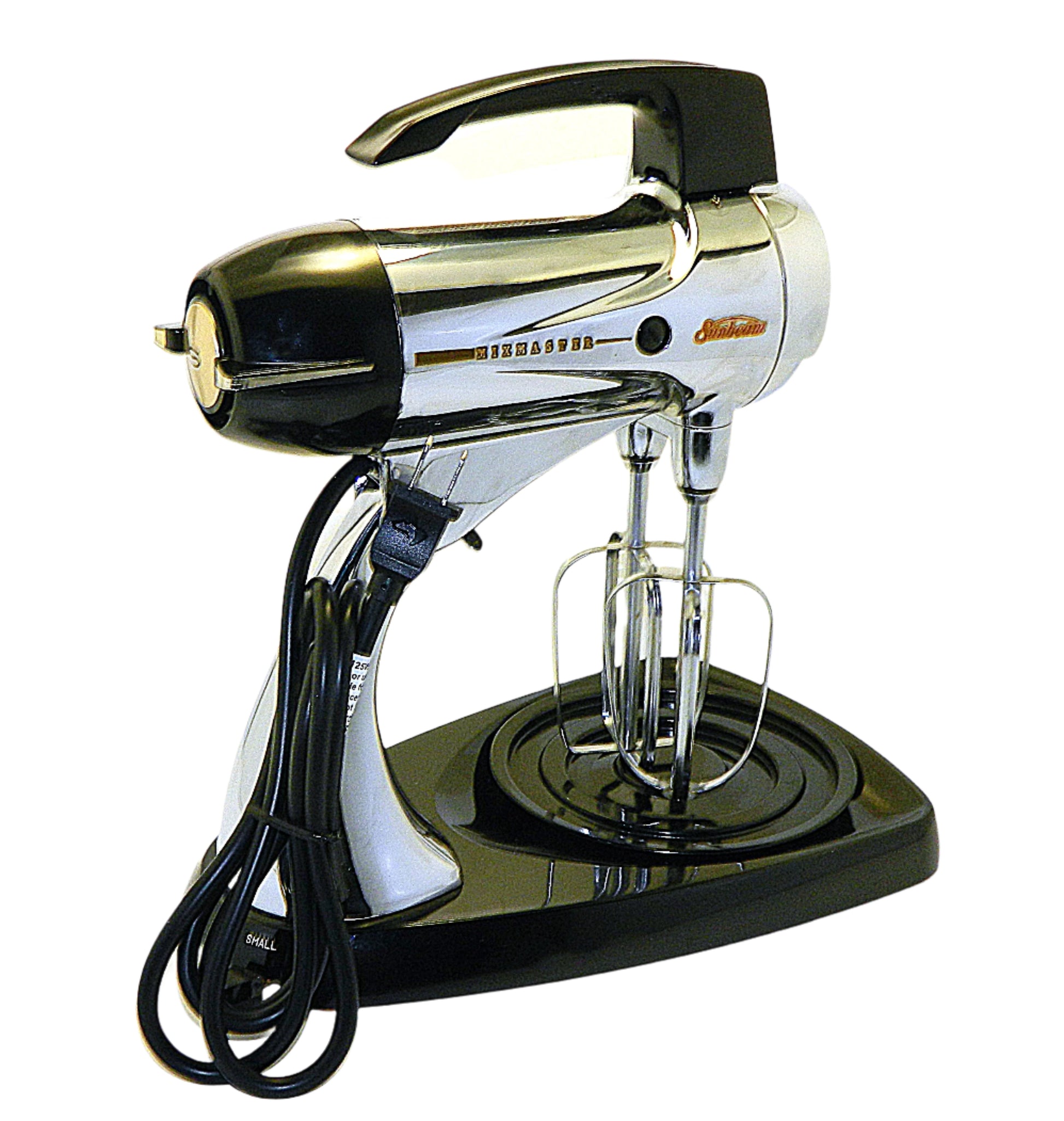 Vintage-style stand mixer with chrome and black design on a white backround 