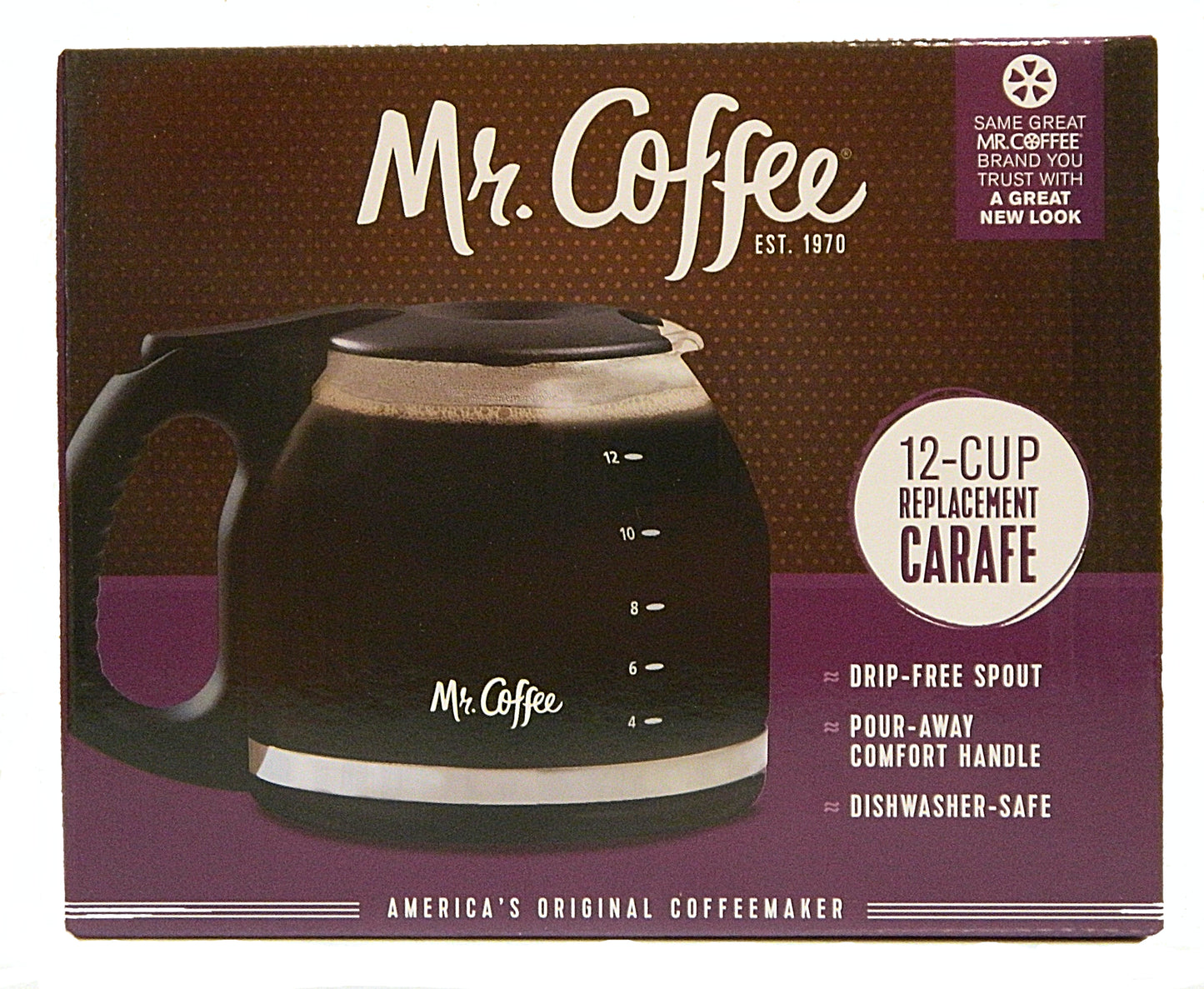 Mr. Coffee 12-cup replacement carafe packaging with coffee maker image.