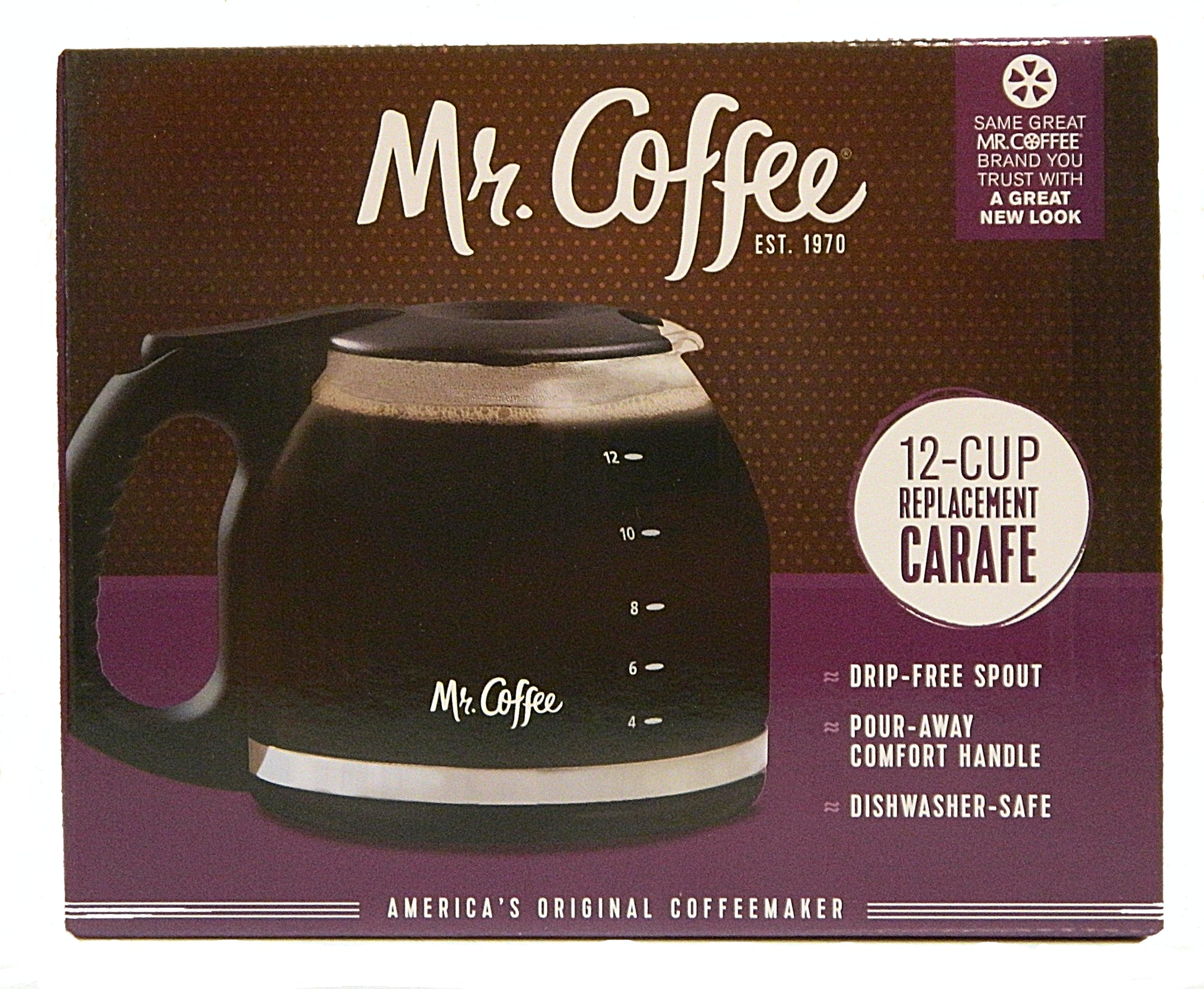 Mr. Coffee 12-cup replacement carafe packaging with coffee maker image.