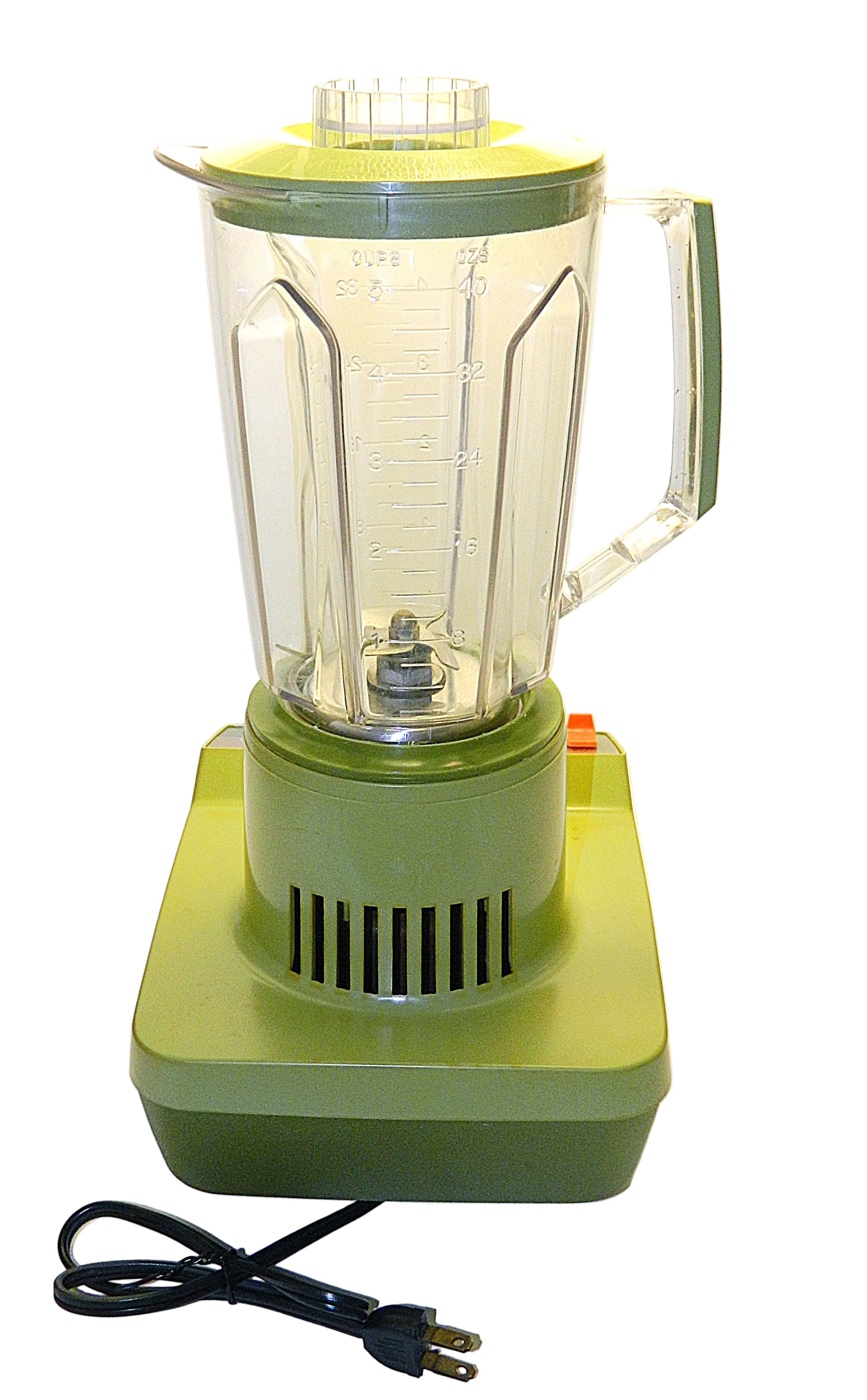 Green blender with clear container on a white background