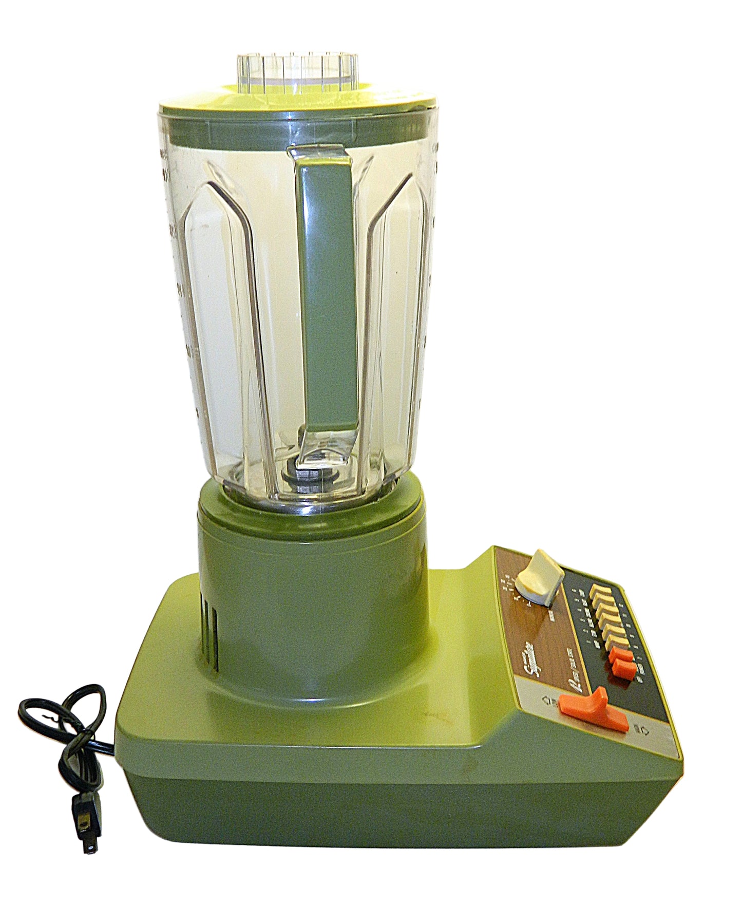 Vintage green blender with clear container on a white background