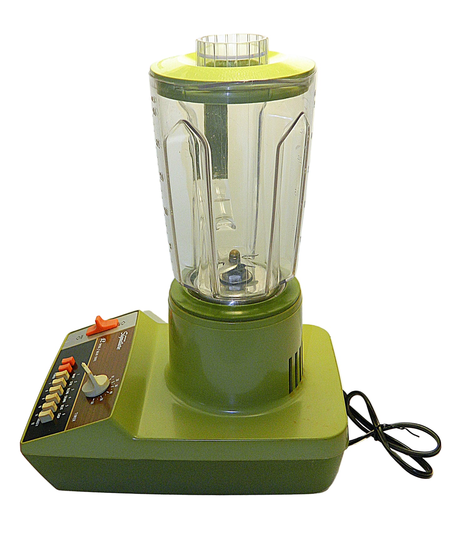 Vintage green blender with clear container on a white background