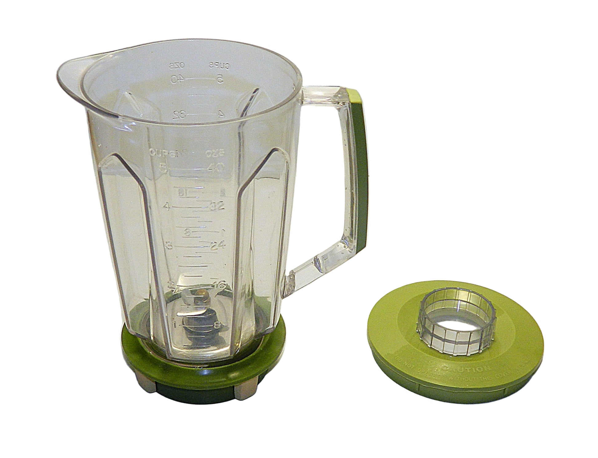 Clear blender container with green base and lid on a white background