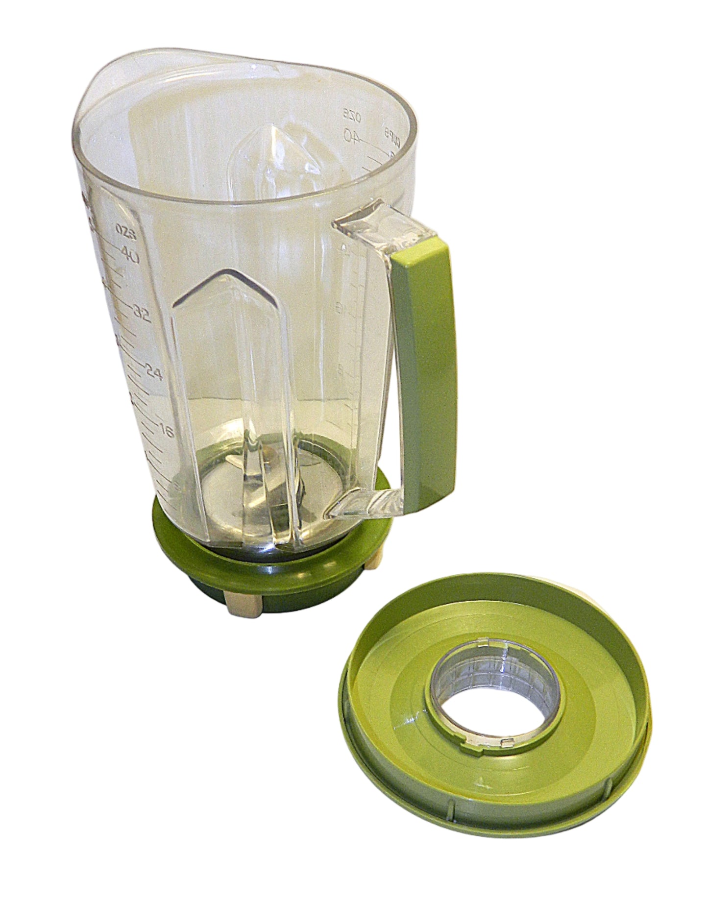 Green blender with clear container on a white background
