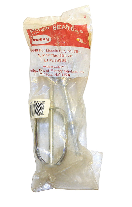 Packaged metal whisk beaters with SUNBEAM branding on a white background