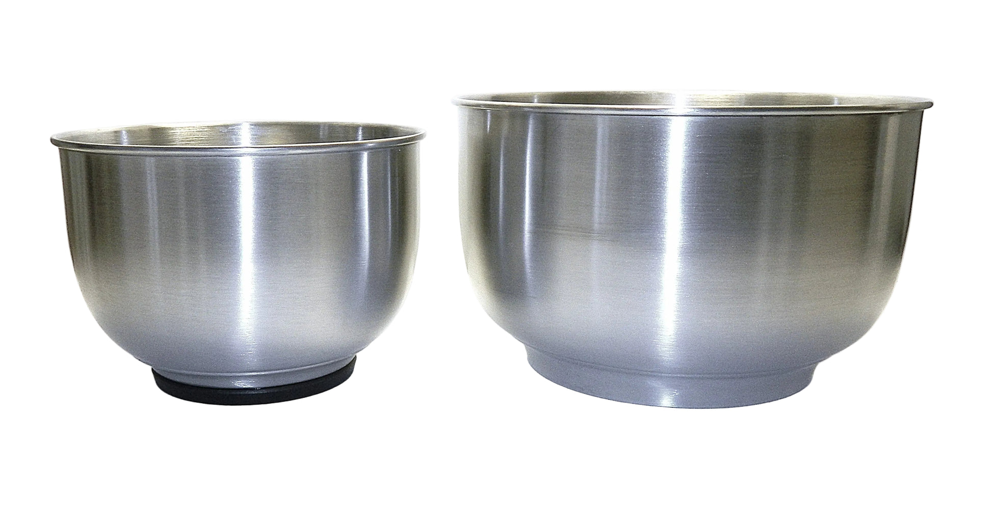 Two stainless steel mixing bowls on a white background