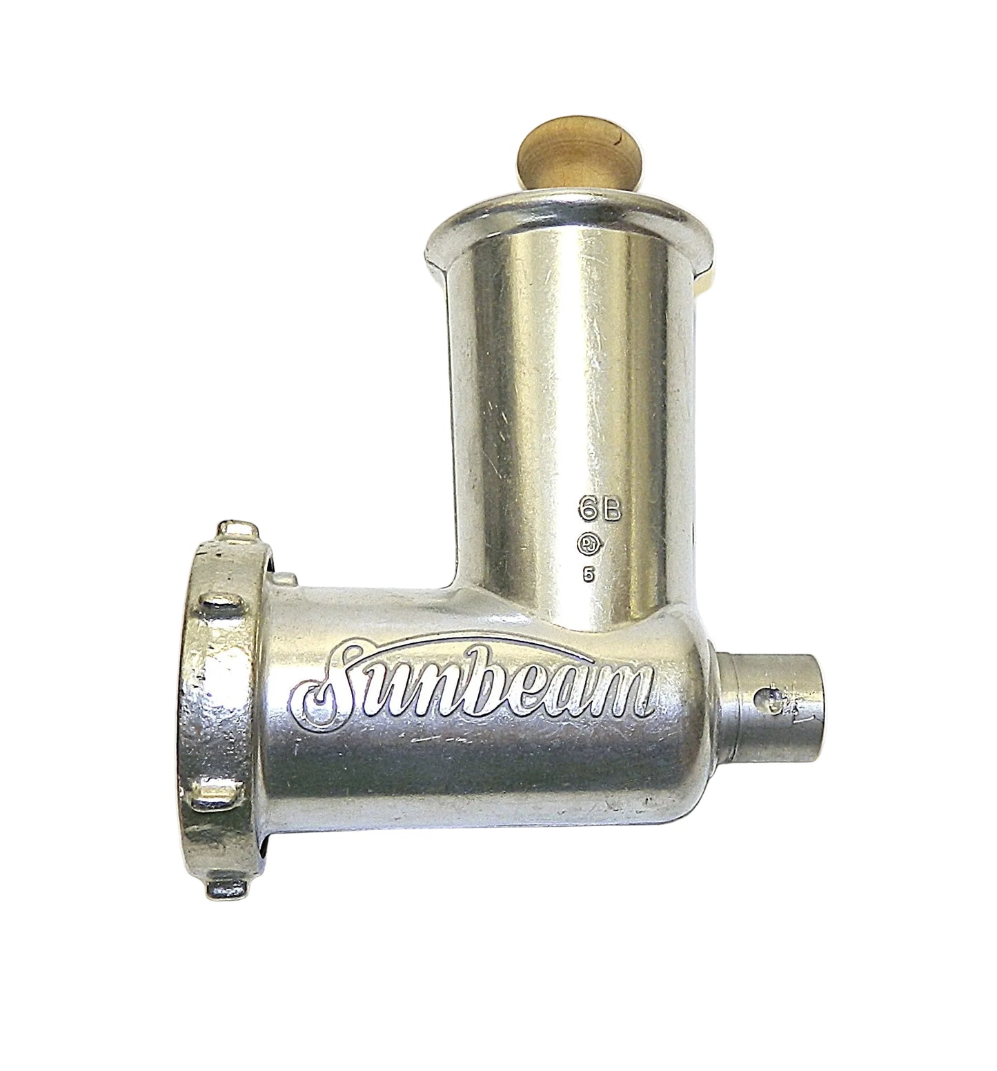 Metal meat grinder with 'Sunbeam' branding on a white background