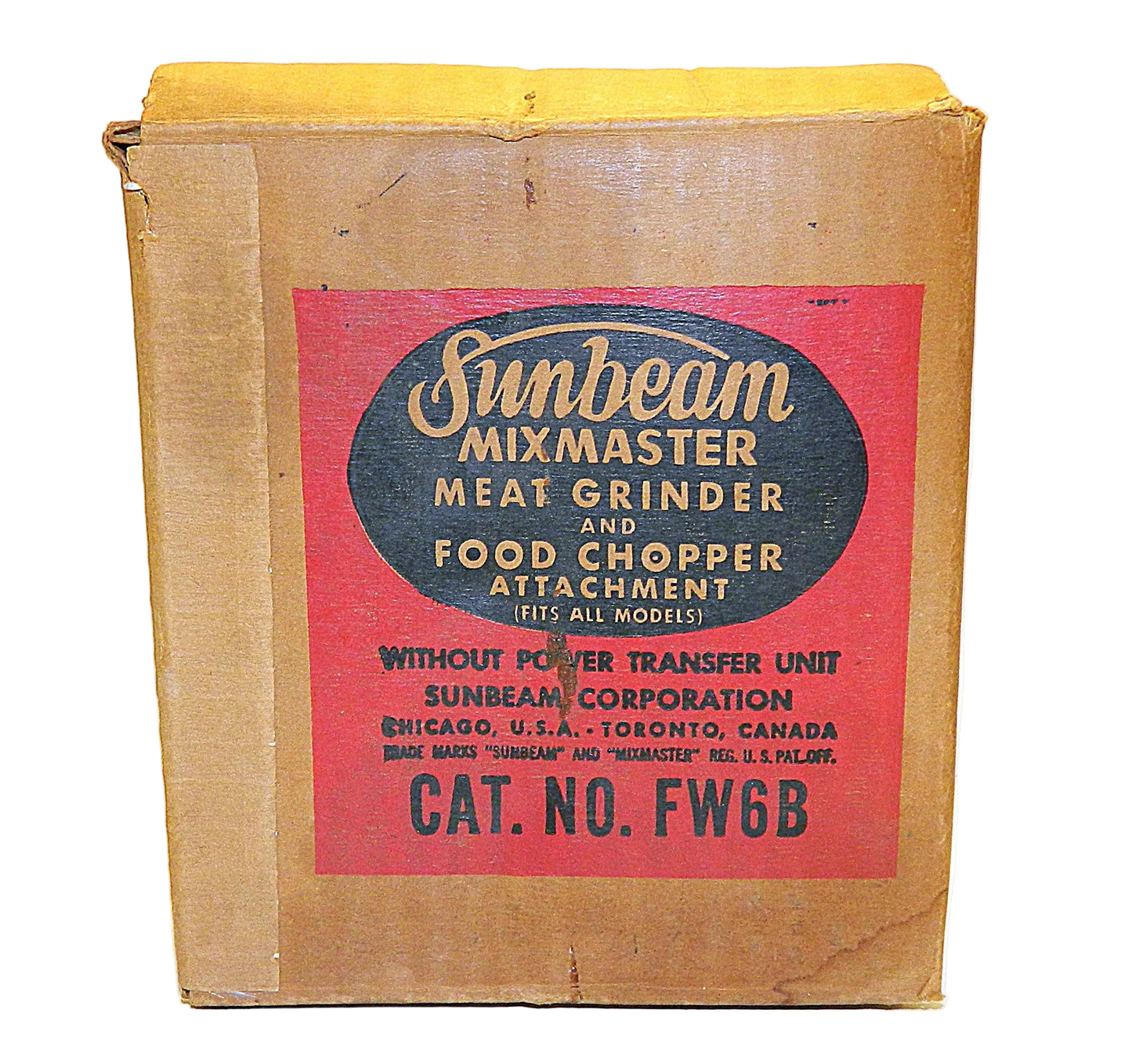 Vintage Sunbeam Mix Master meat grinder box with red label on a white background