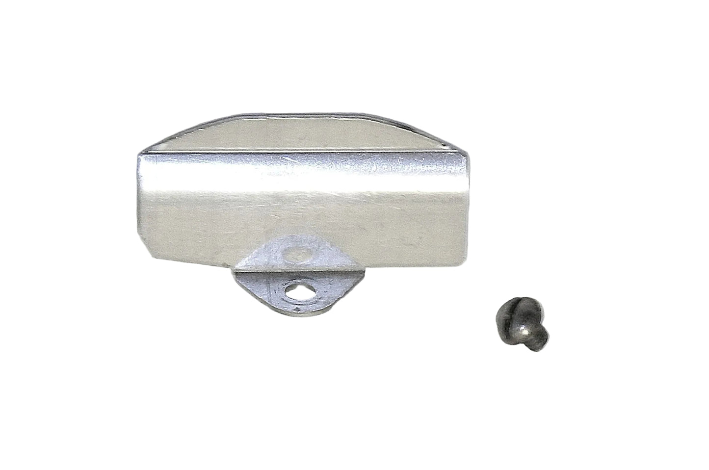 Metallic rectangular object with a screw on a light gray background