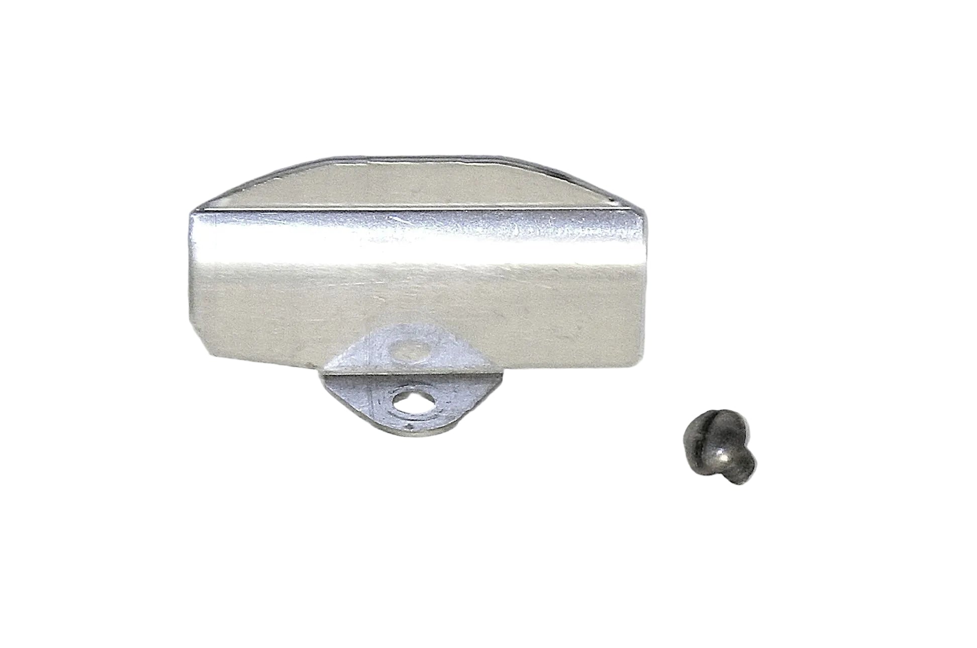 Metallic rectangular object with a screw on a light gray background