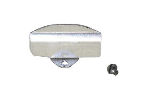 Metallic rectangular object with a screw on a light gray background