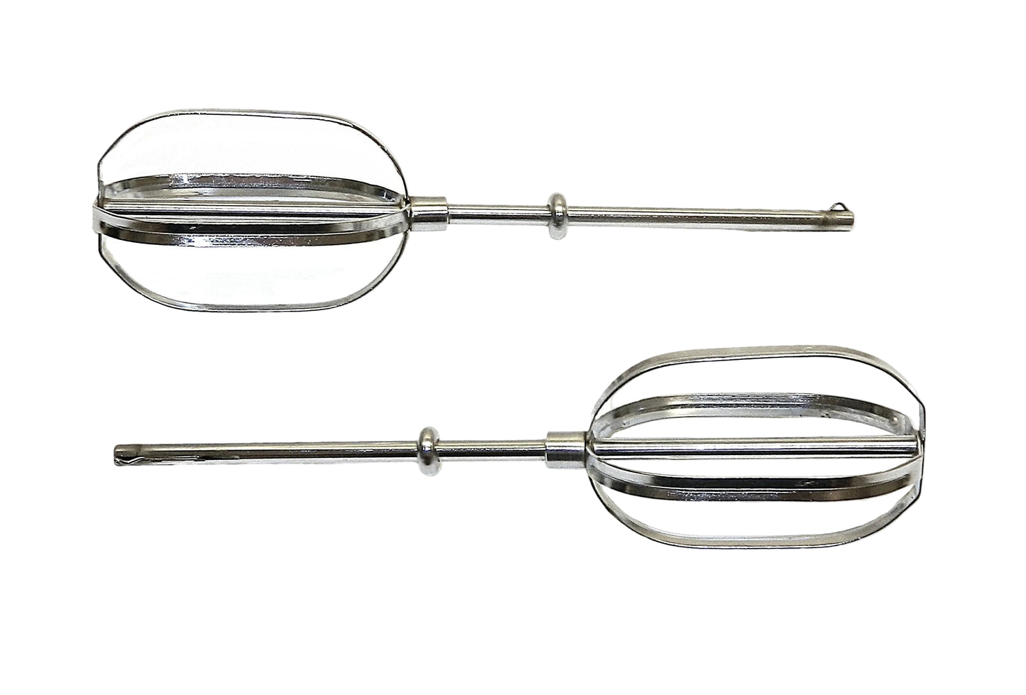Two metal beaters on a white background