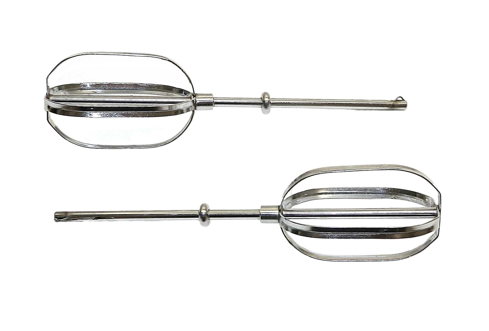 Two metal beaters on a white background
