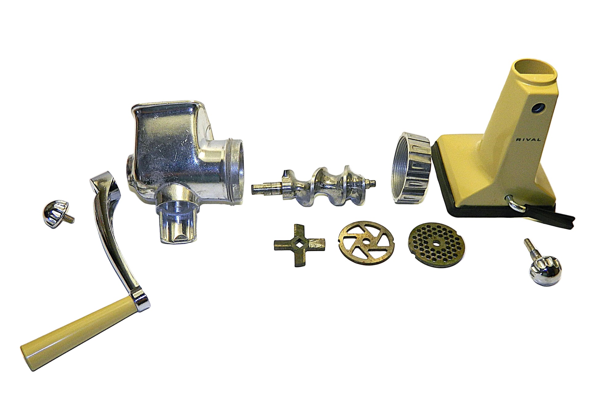 Rival Grind O Mat Model 303 Meat Grinder Food Chopper w/Vac O Matic Base - Yellow