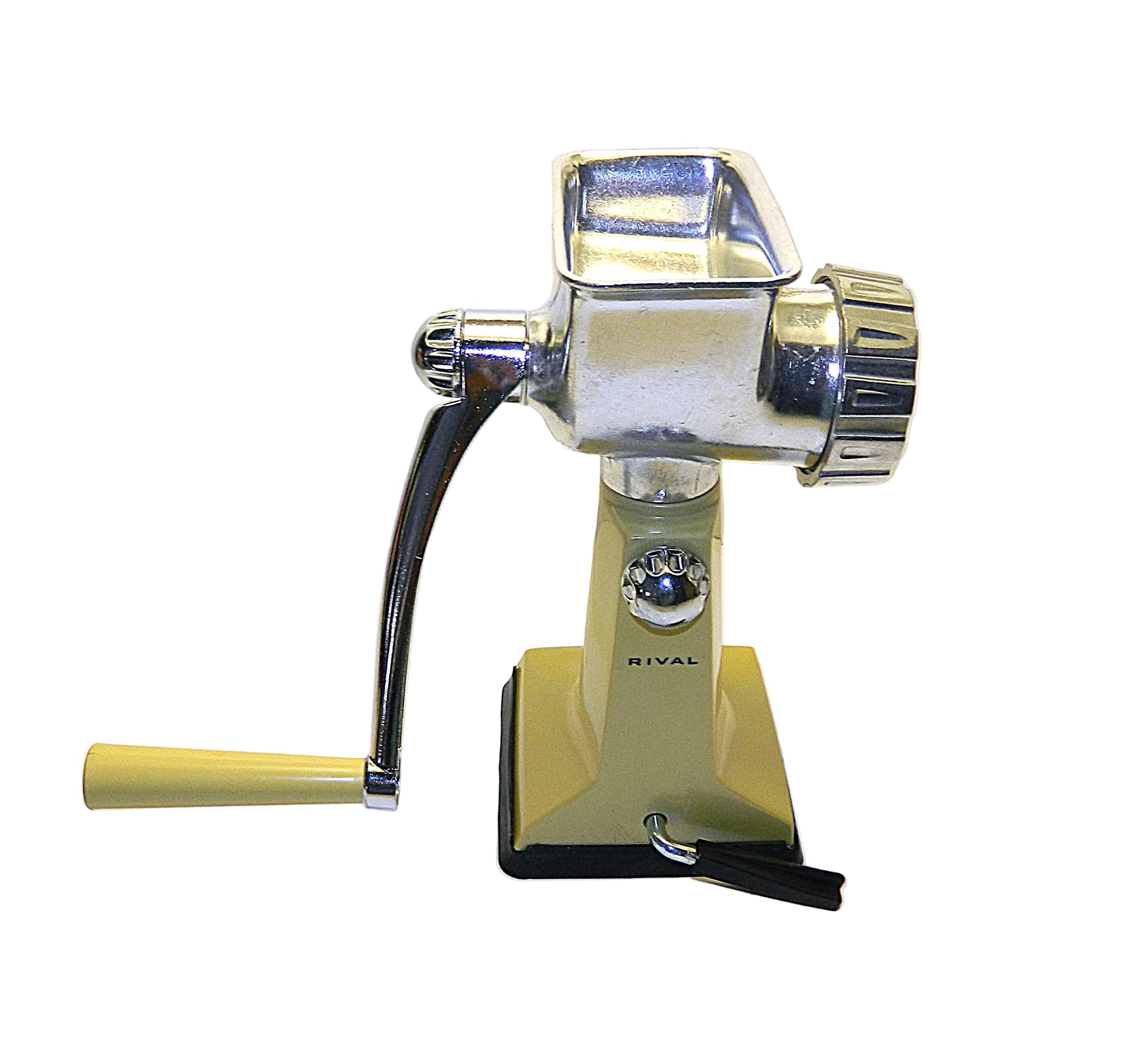 Manual meat grinder with 'Rival' branding on a white background