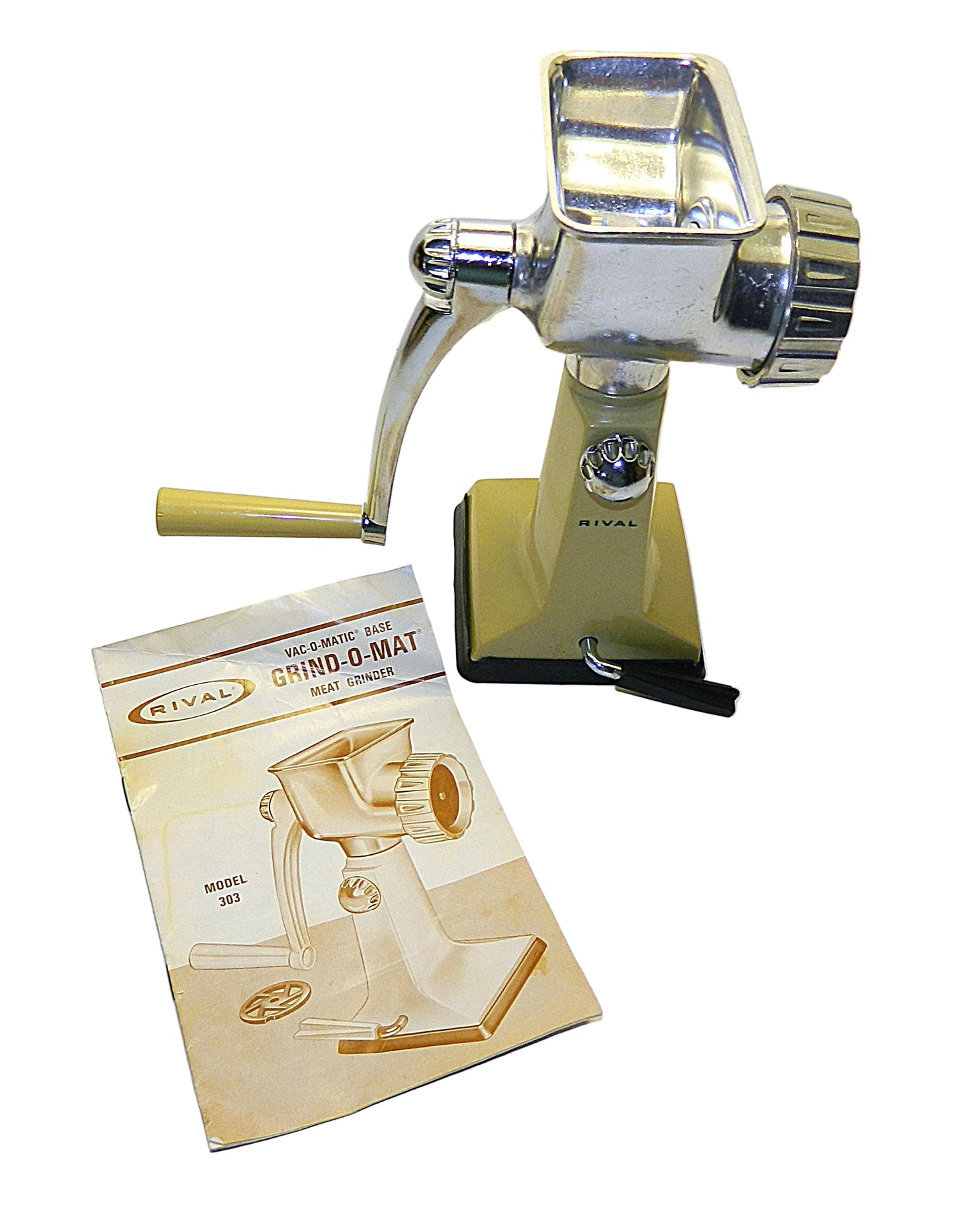 Rival Grind O Mat Model 303 Meat Grinder Food Chopper w/Vac O Matic Base - Yellow