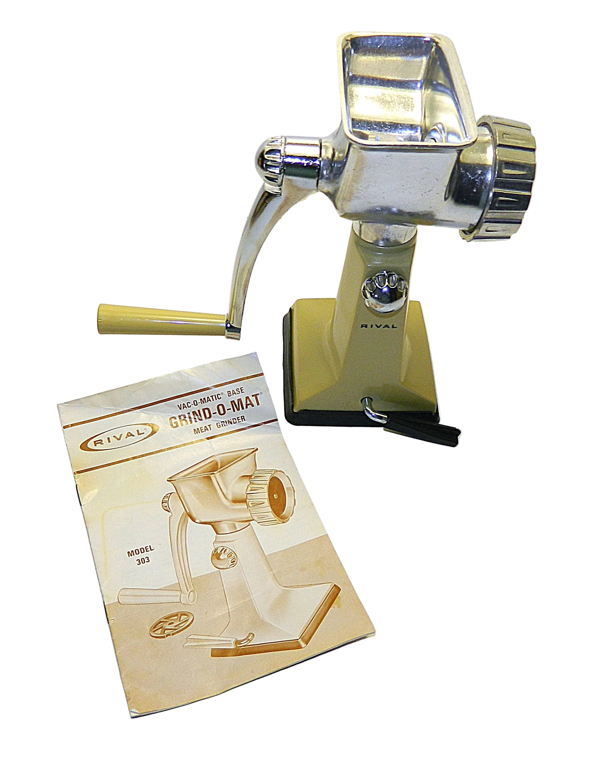 Rival Grind O Mat Model 303 Meat Grinder Food Chopper w/Vac O Matic Base - Yellow