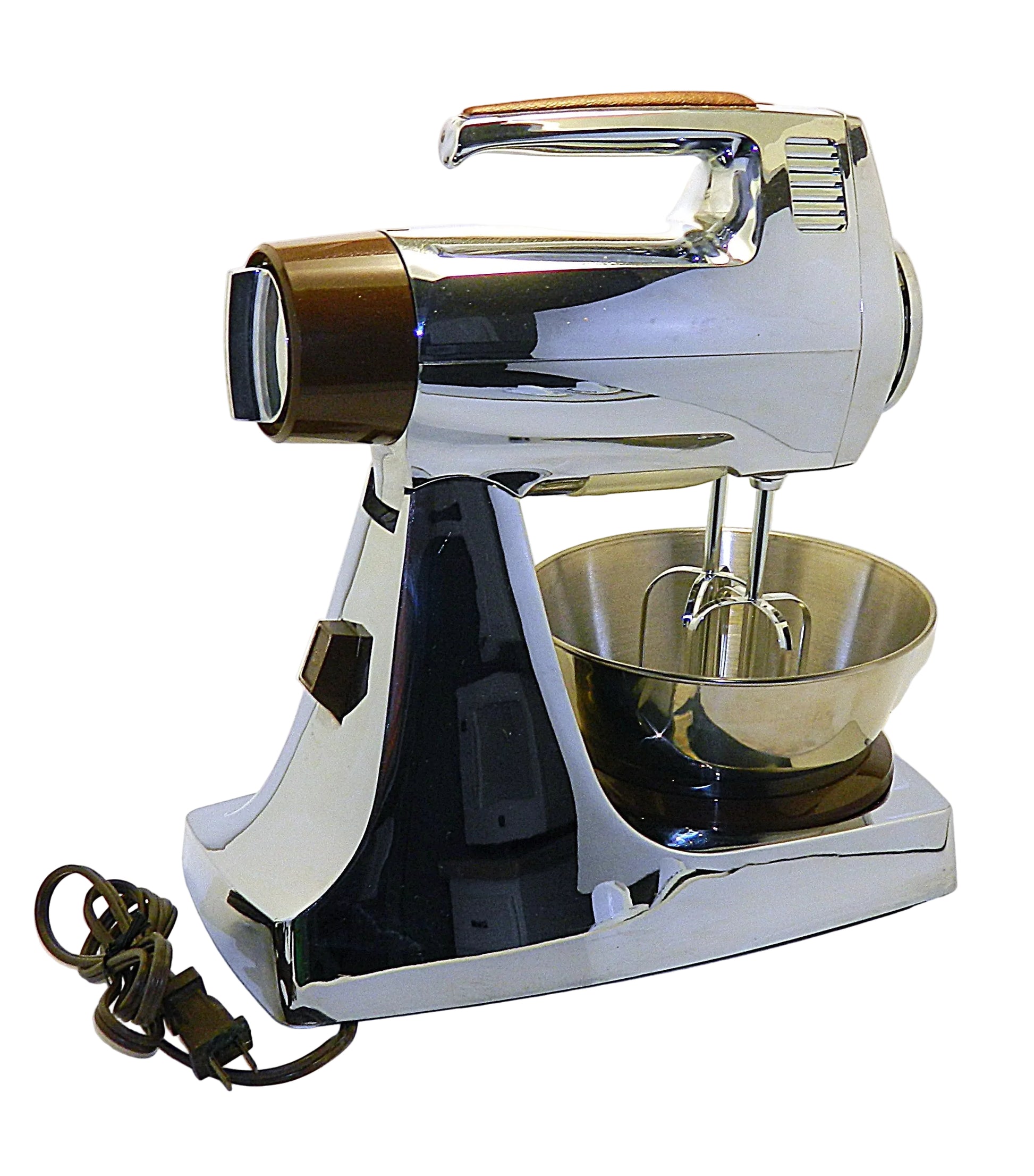 Vintage stand mixer with a metallic finish on a white background