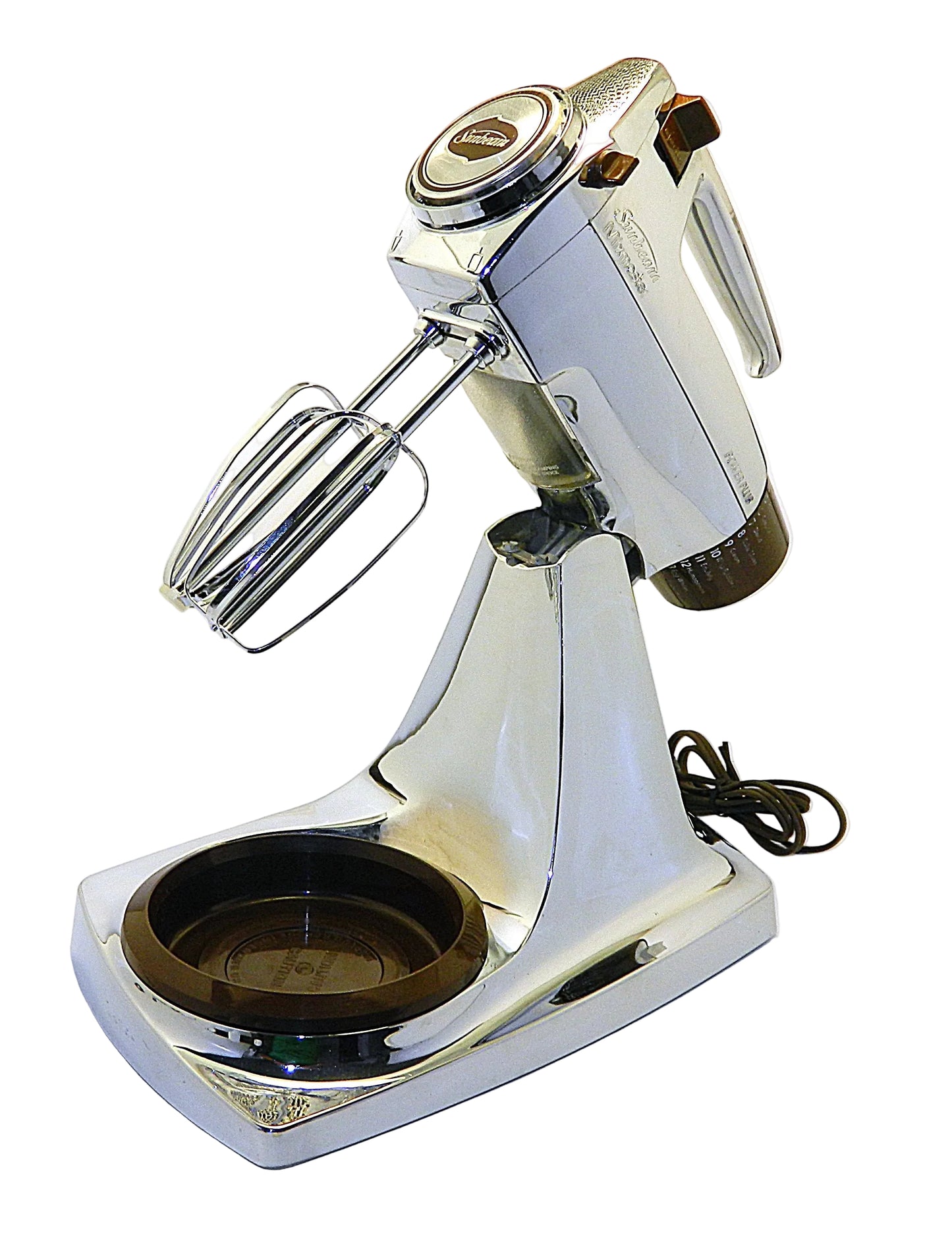Chrome stand mixer with whisk attachment on a white background