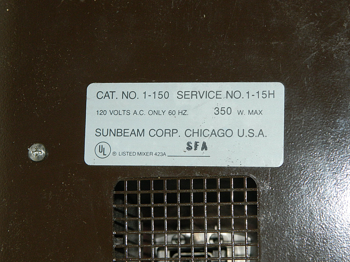 Label on a Sunbeam appliance with technical specifications and branding.