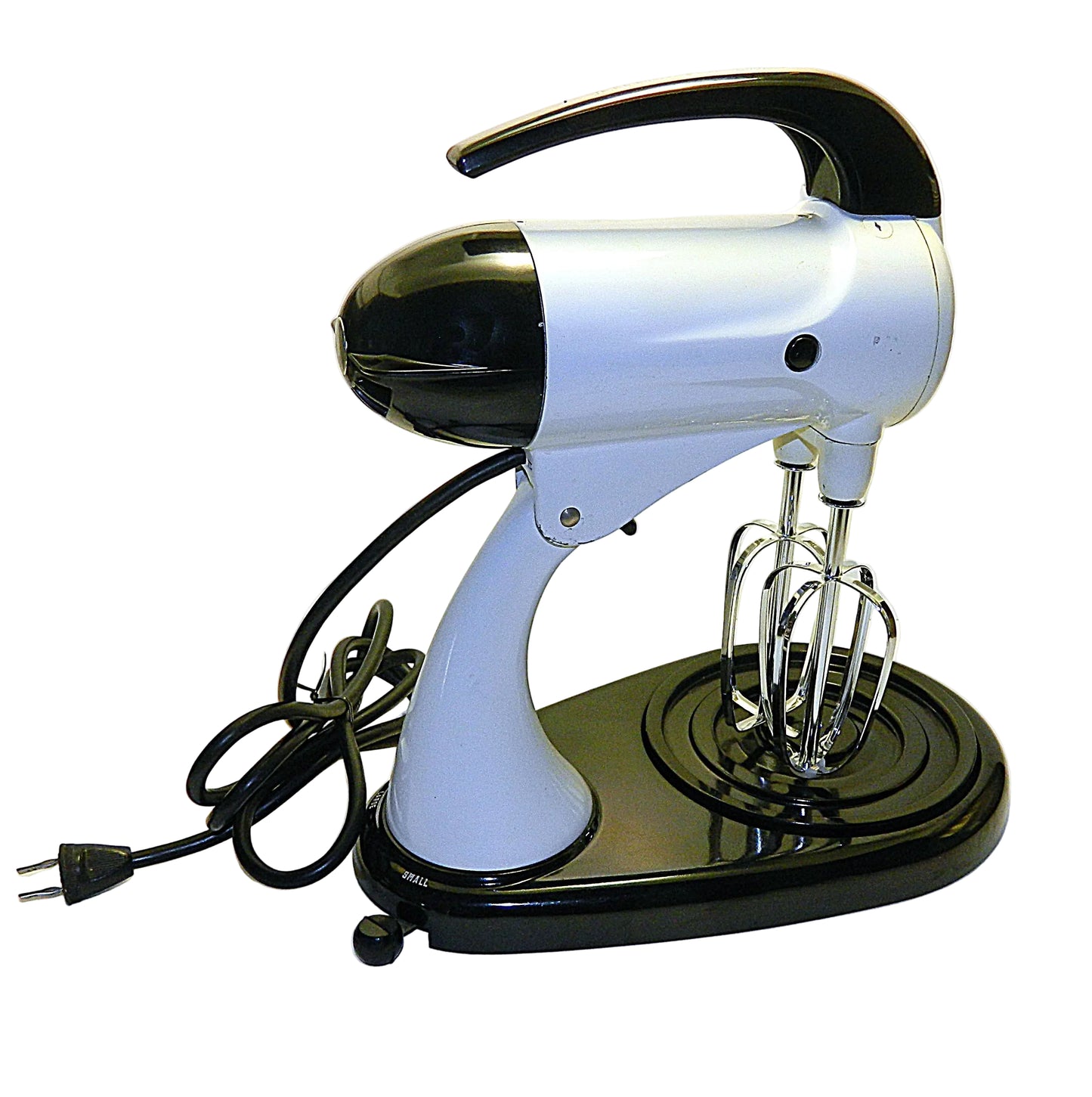 Vintage-style stand mixer with black and white design on a white background