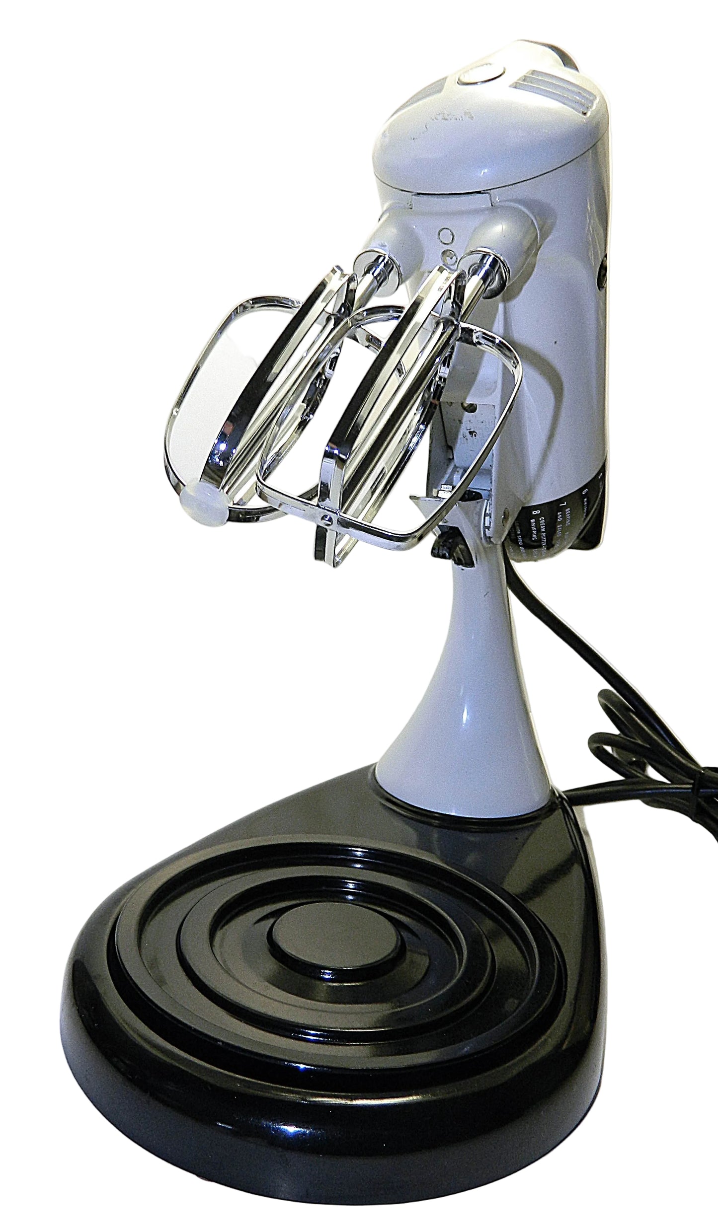 White stand mixer with black base on a white background