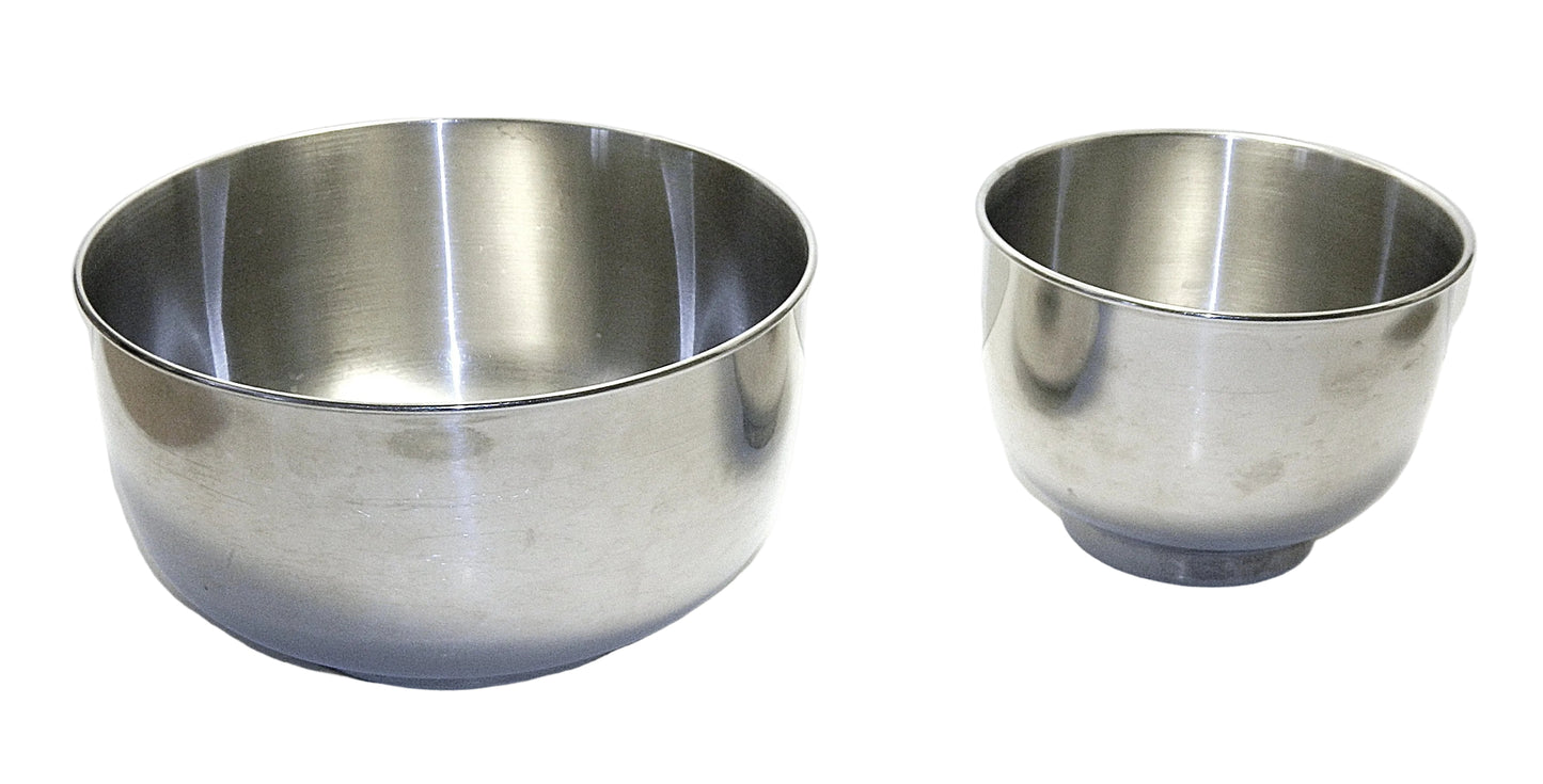 Two metallic bowls on a white background