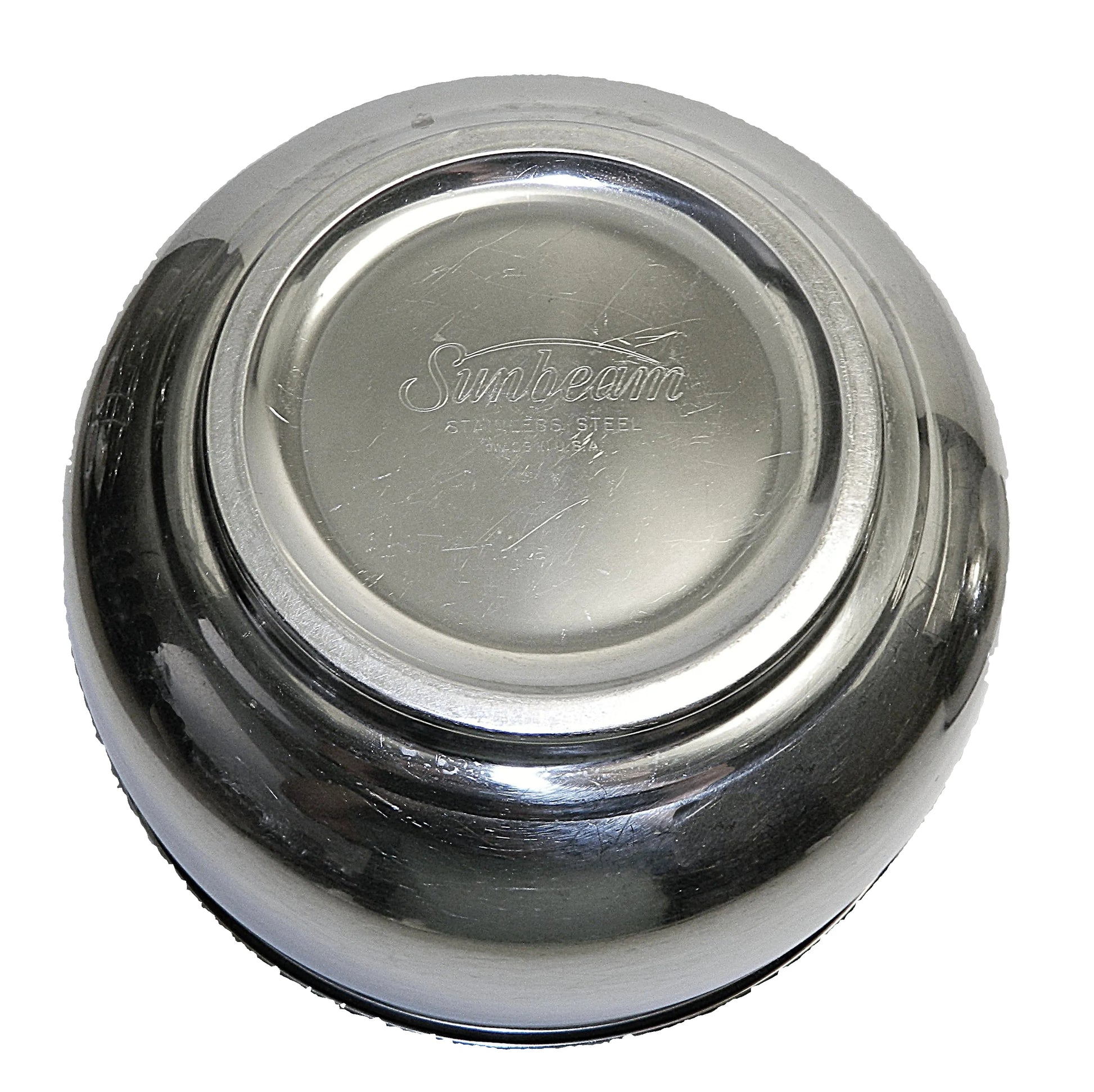 Metallic bowl with 'Sunbeam' branding on a white background