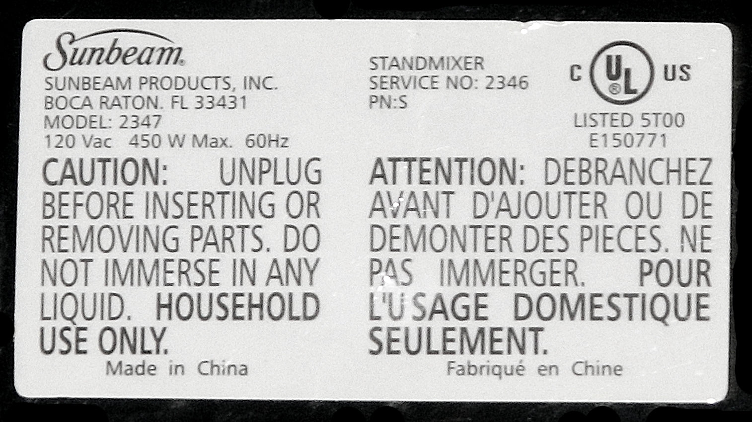 Sunbeam standmixer label with text and certification logos
