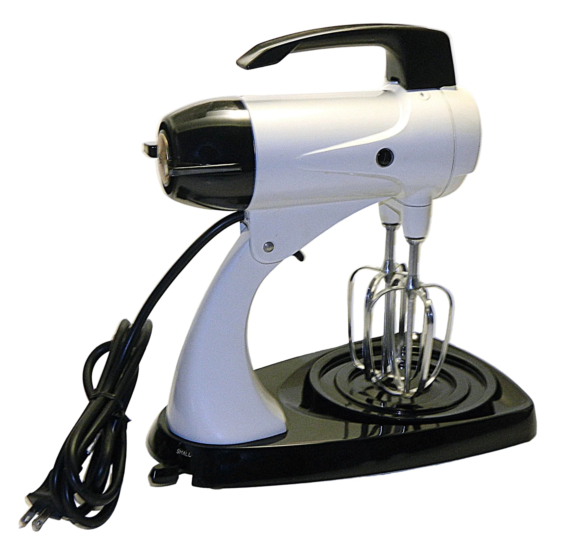 Stand mixer with attachments on a white background