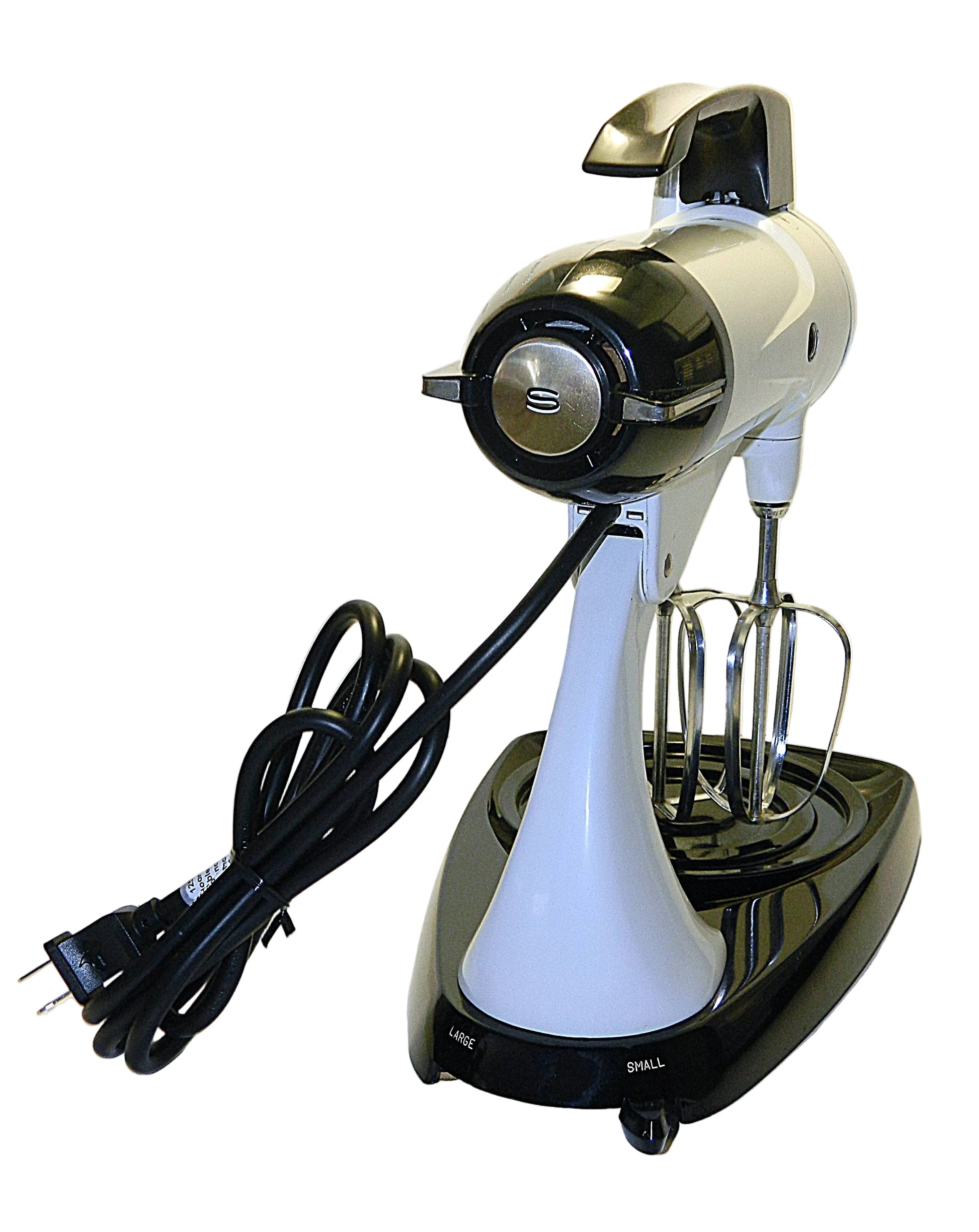 Stand mixer with attachments on a white background