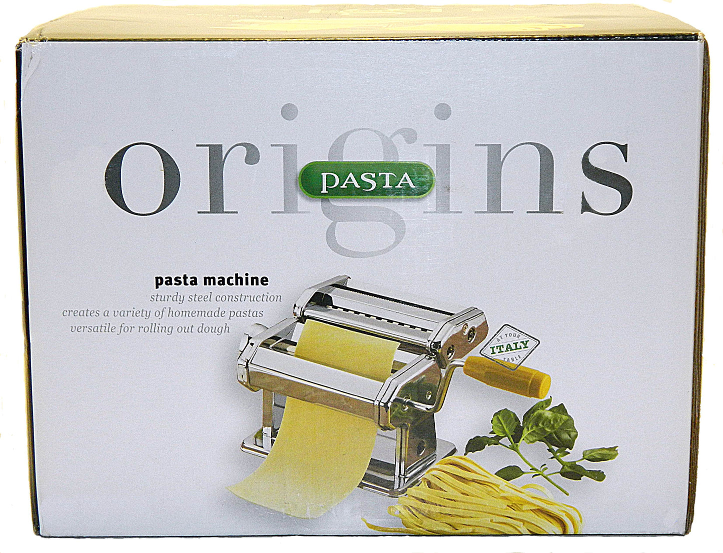 Pasta machine packaging with 'Origins Pasta' branding on a white background