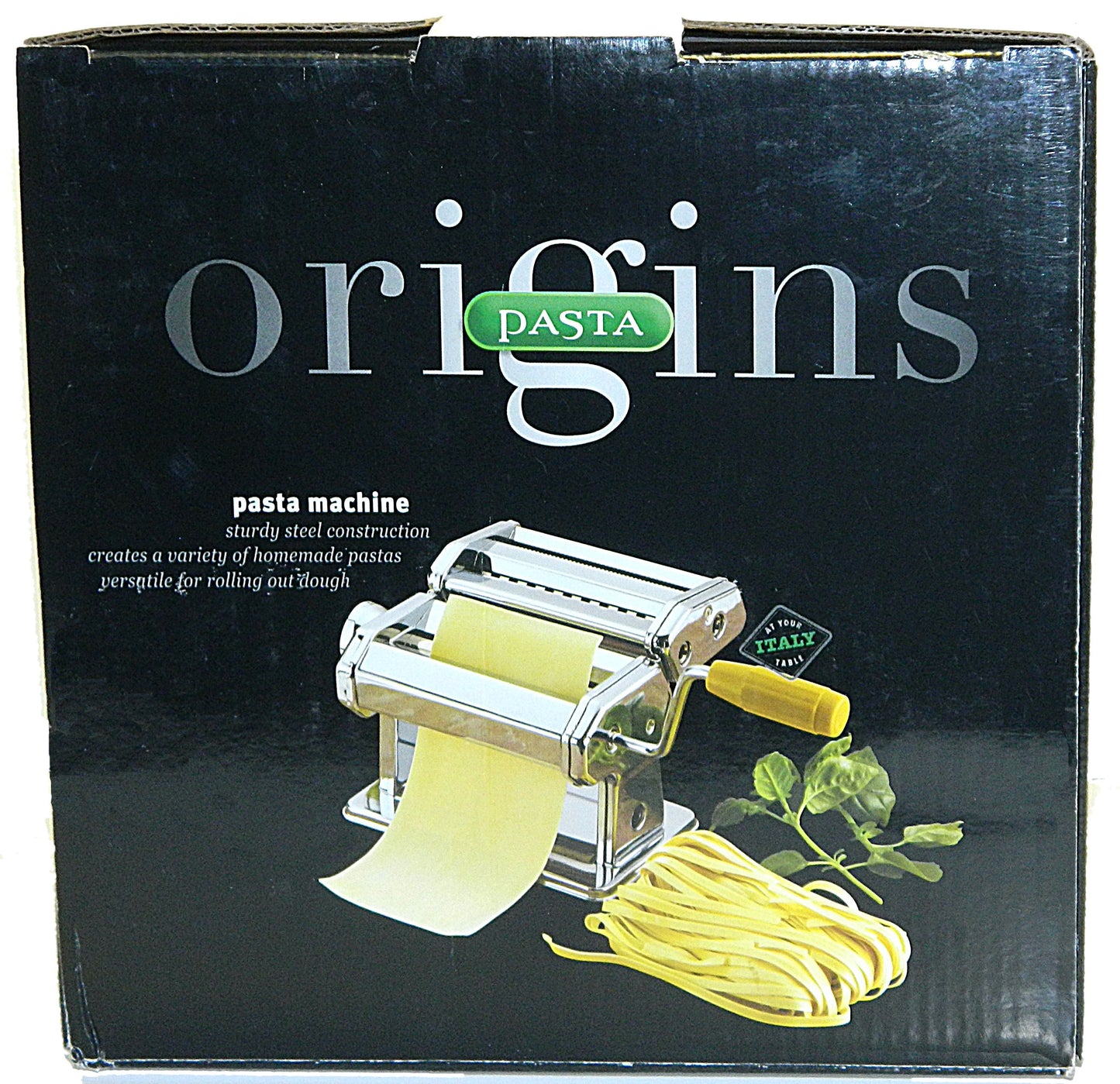 Pasta machine on a black box labeled 'origins pasta'