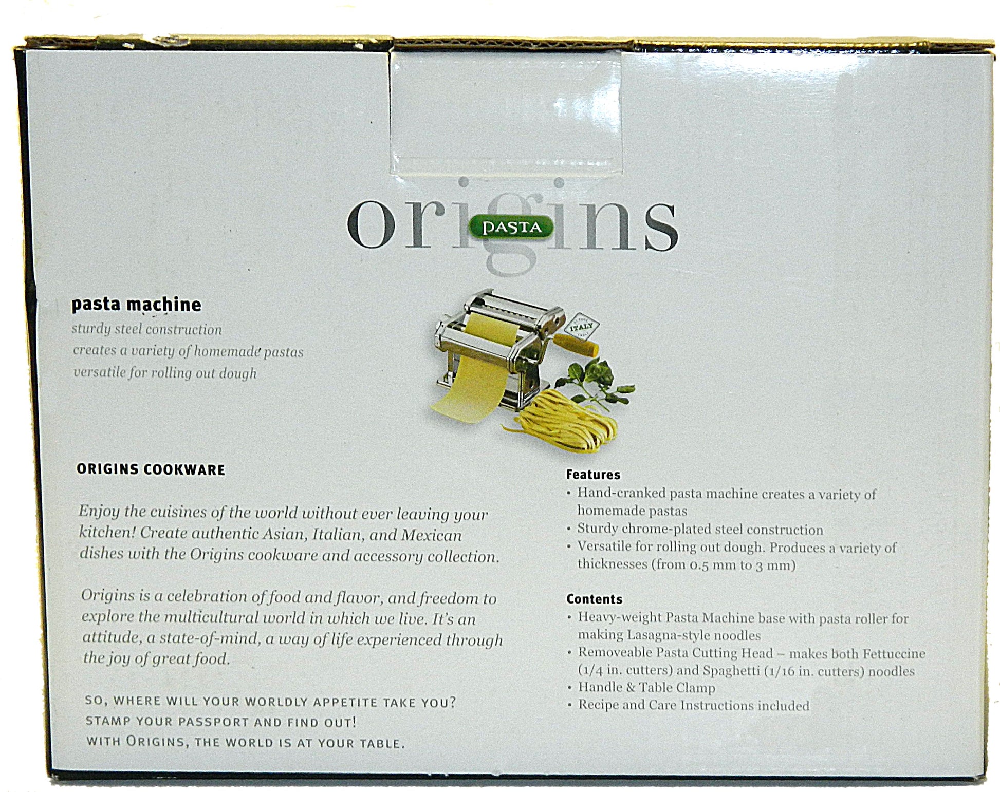 Box of Origins pasta machine with text and images on a white background