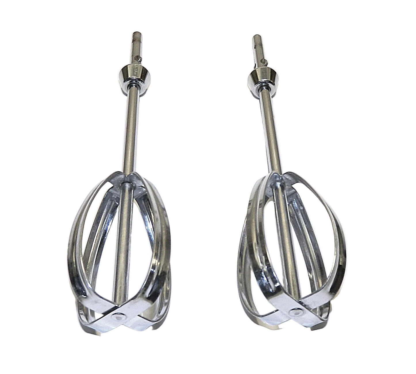 Two metal mixing beaters on a white background