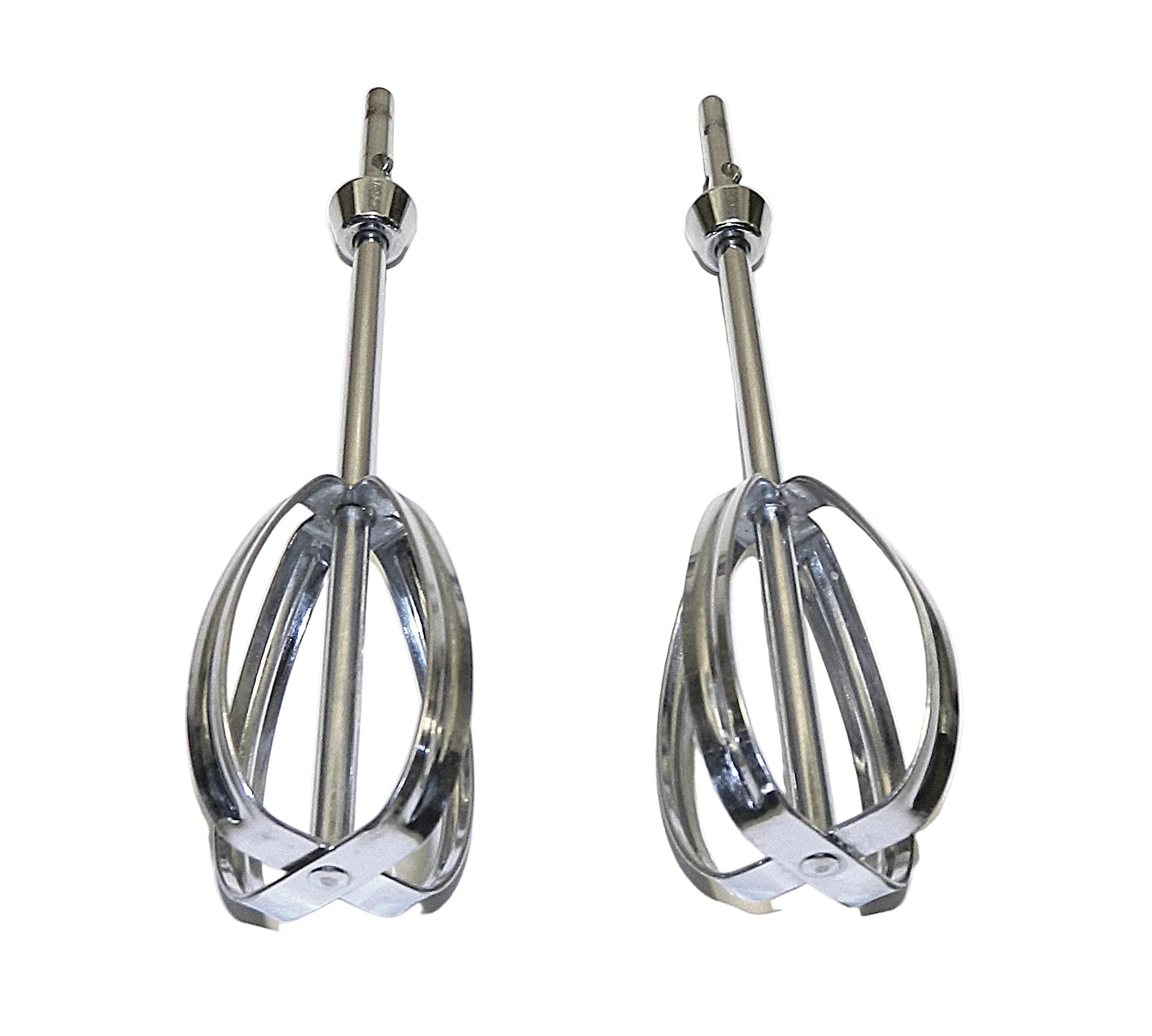 Two metal mixing beaters on a white background