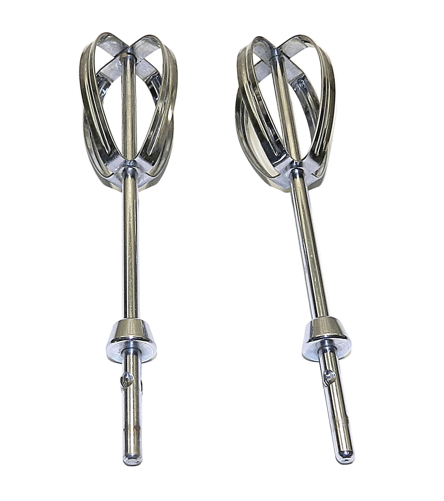 Two metal beaters on a white background