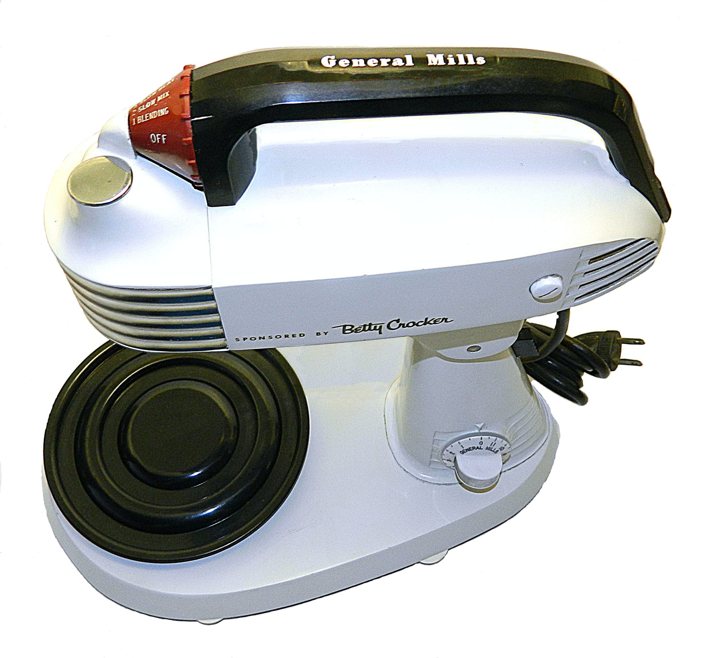 White kitchen mixer with black bowl and General Mills logo on a white background