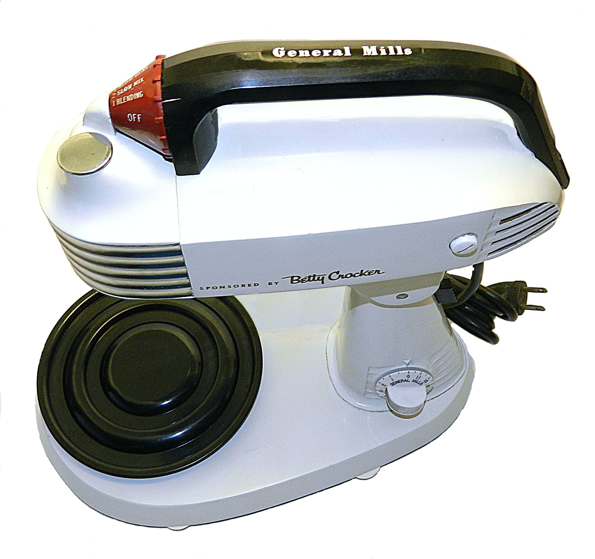 White kitchen mixer with black bowl and General Mills logo on a white background