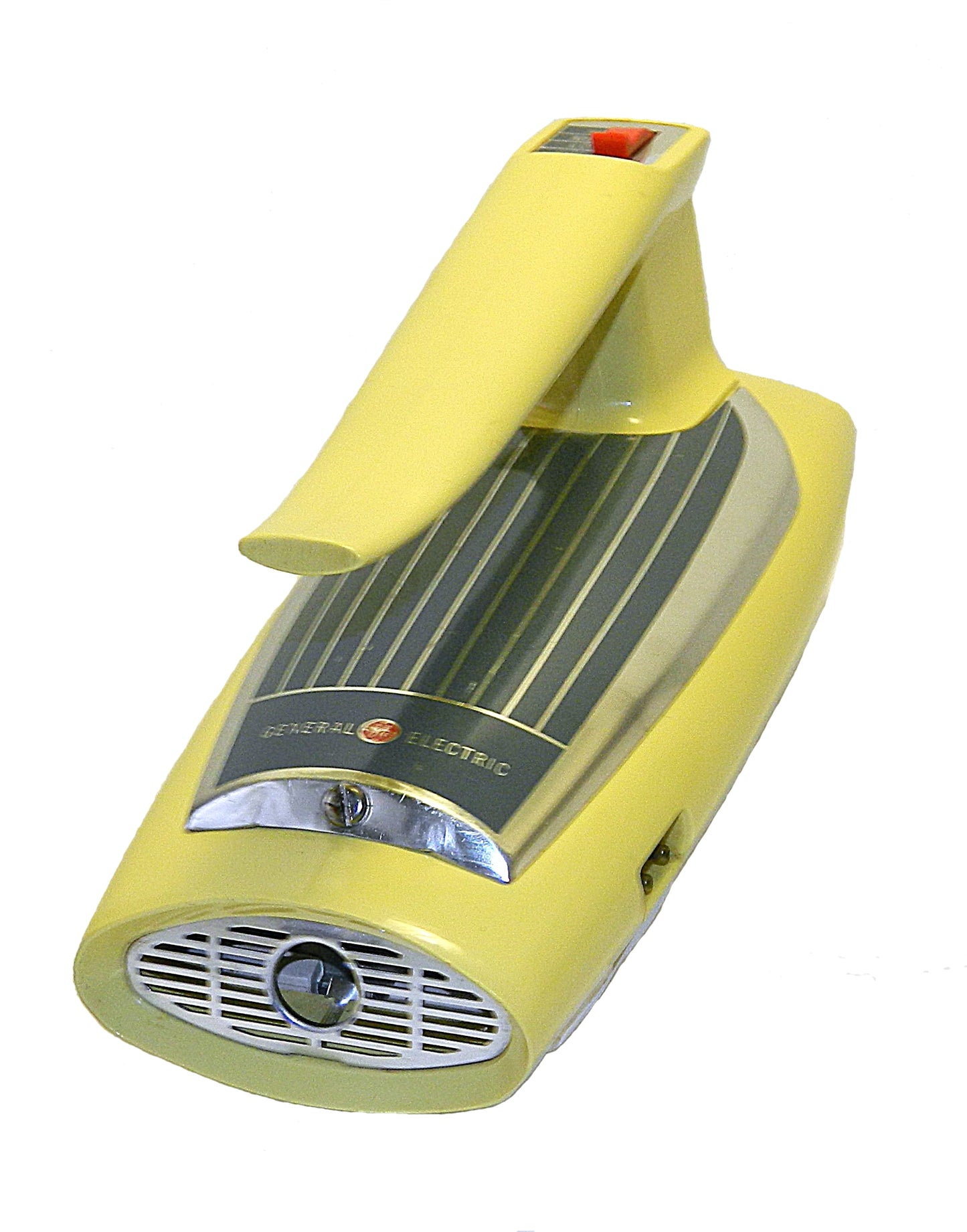 Yellow handheld device with solar panel and light on a white background