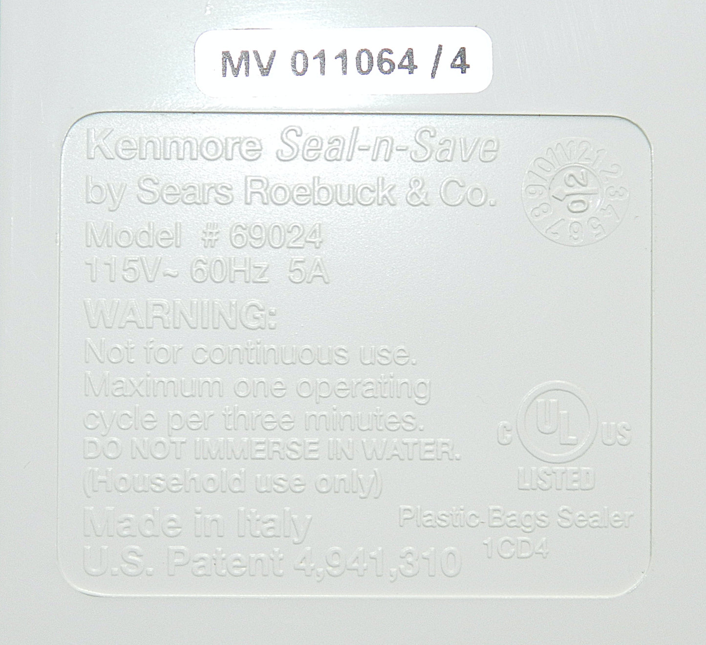 Label for Kenmore Seal-n-Save by Sears Roebuck & Co. on a white background