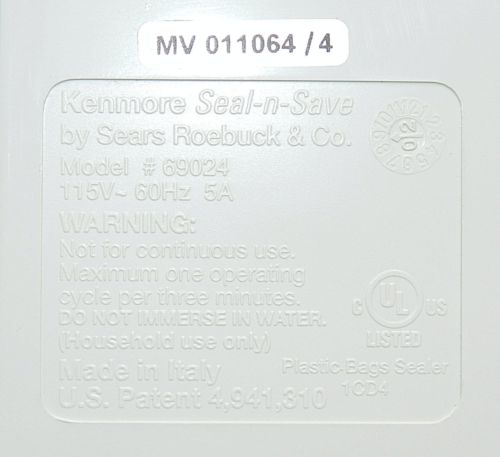 Label for Kenmore Seal-n-Save by Sears Roebuck & Co. on a white background