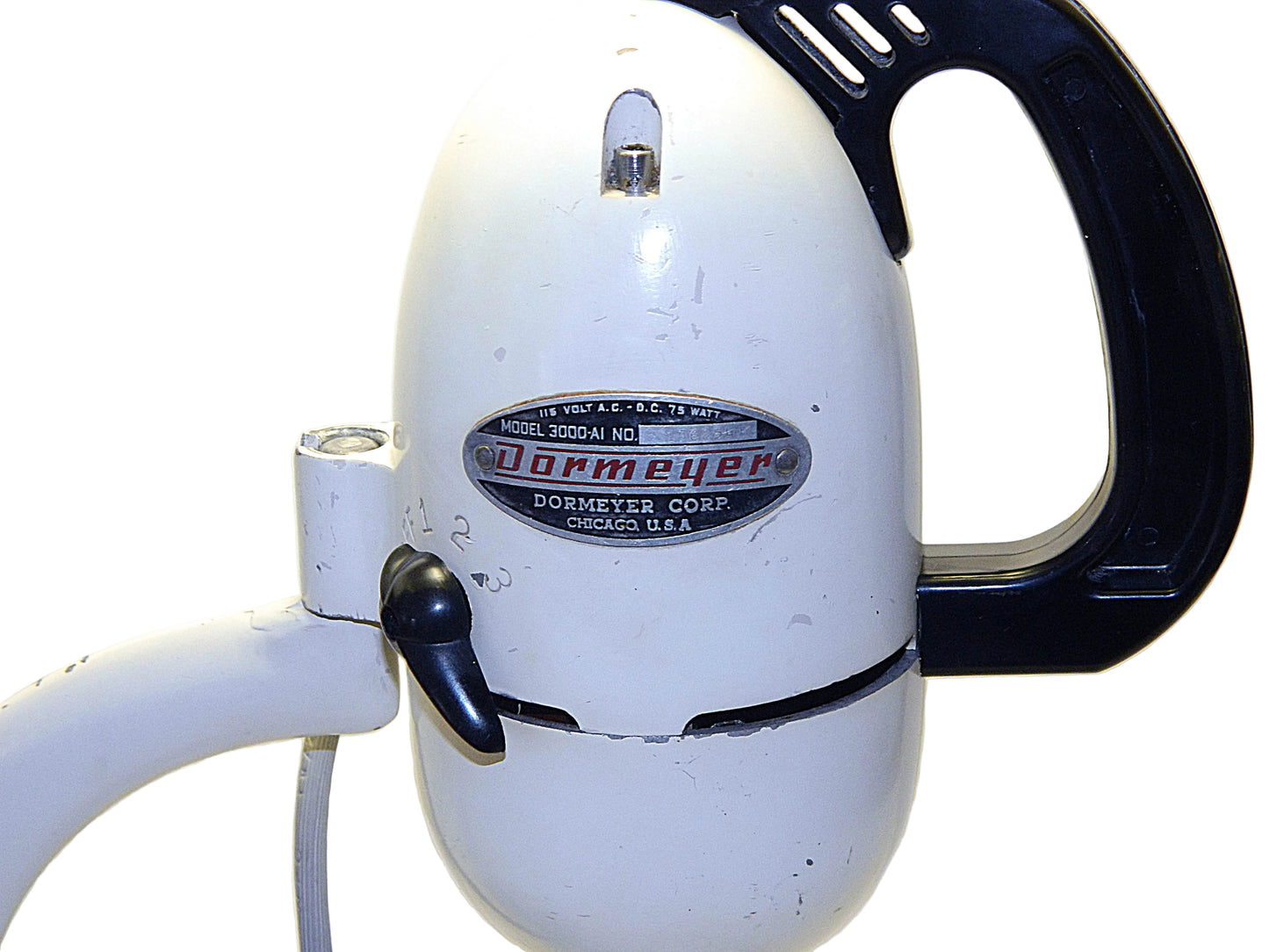 Vintage white stand mixer with black handle on a white background