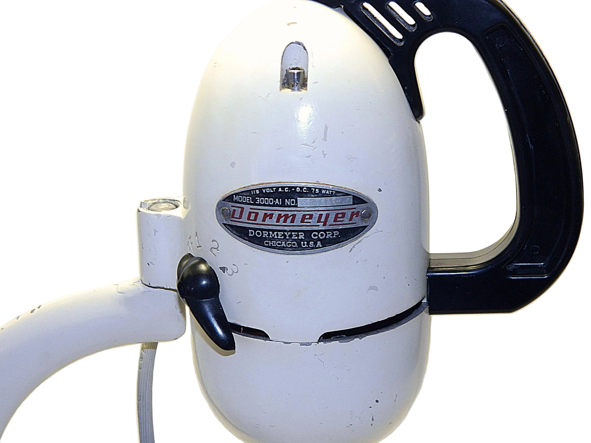Vintage white stand mixer with black handle and 'Dormeyer' branding on a white background