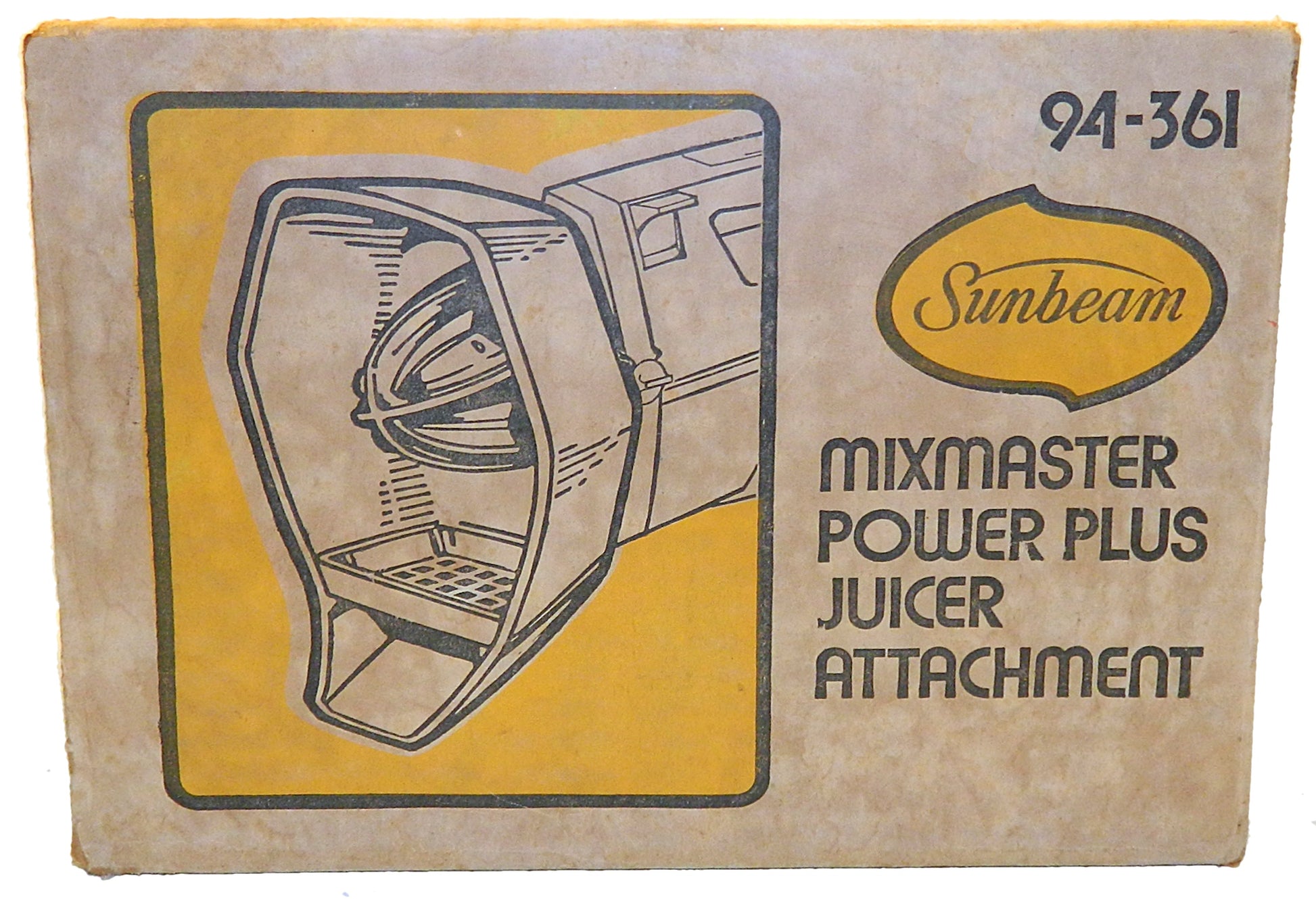 Box for Sunbeam Mixmaster Power Plus Juicer Attachment with yellow and brown design.