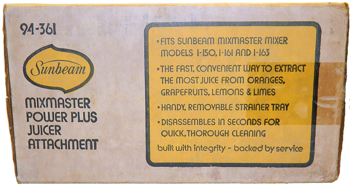 Sunbeam Mixmaster Power Plus Juicer Attachment packaging with text on a cardboard box.